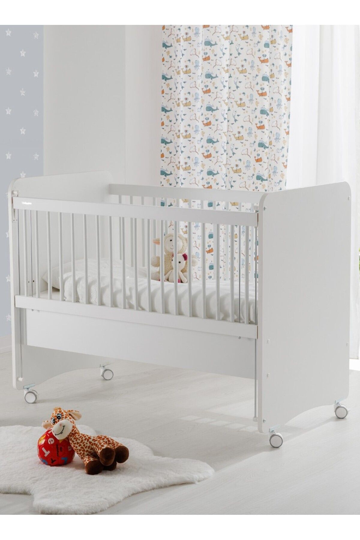 Babywhen Bw1065 - Pratik Kademeli Anne Yanı Tekerlekli Bebek Beşik Beyaz 60x120