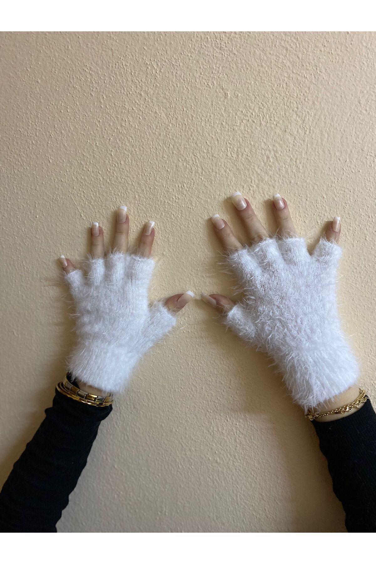 sema aksesuar-White Beard Drawstring Mohair Fingers Cut Out Gloves - Fingerless Gloves - Gift - New Year New Year 3