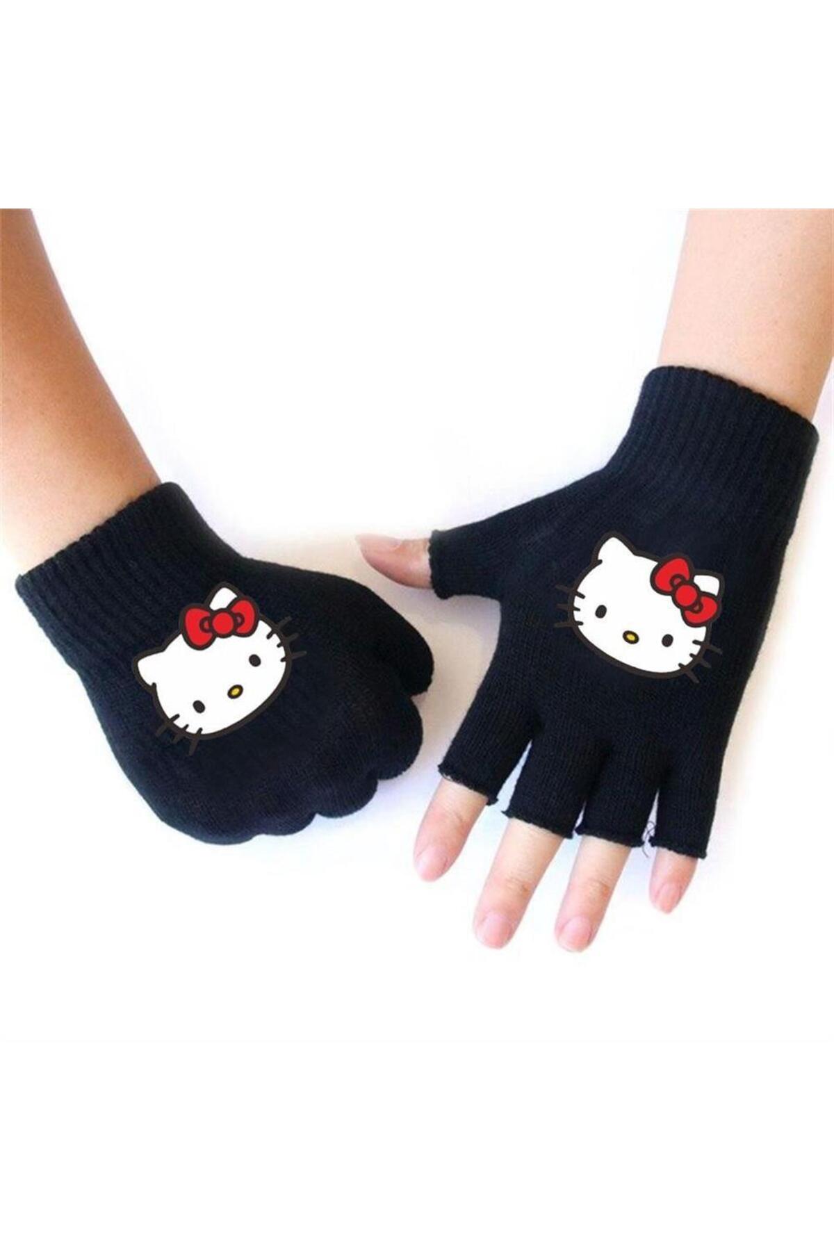 Karakedi Siyah Hello Kitty Baskılı Kesik Parmak Eldiven görsel 2