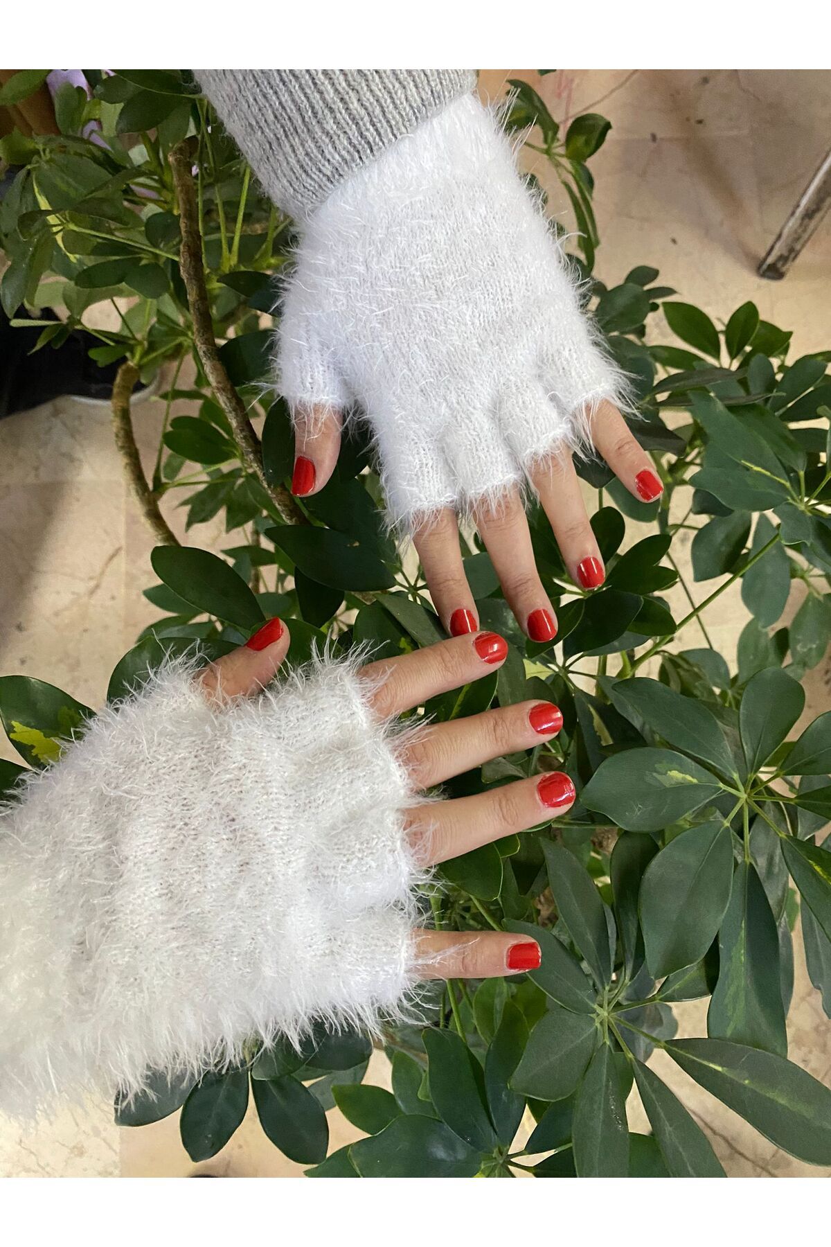 sema aksesuar-White Beard Drawstring Mohair Fingers Cut Out Gloves - Fingerless Gloves - Gift - New Year New Year 6