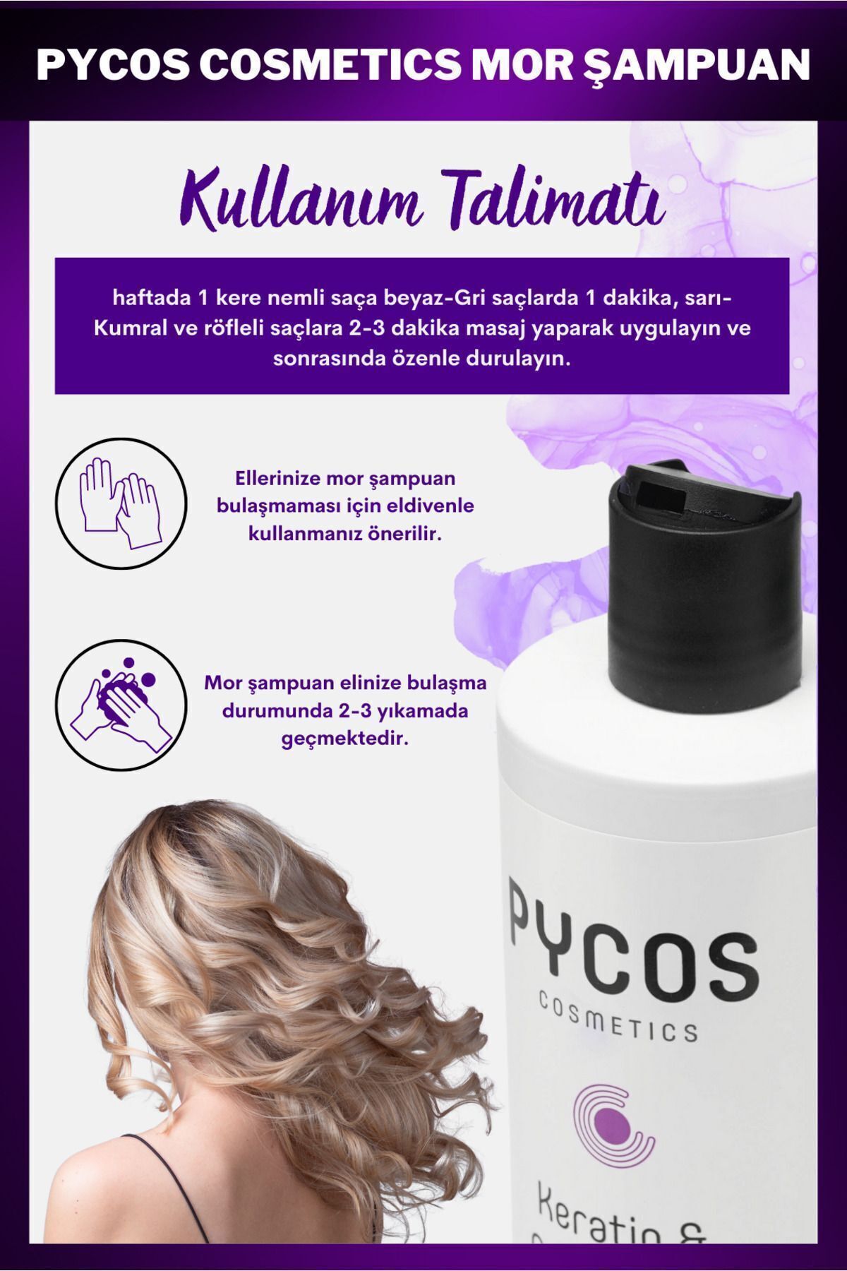 PYCOS COSMETICS Turunculaşma Karşıtı Mor Şampuan 400ml, Sarı-gri-beyaz Saçlar Için Renk Dengeleyici Silver Şampuan-4