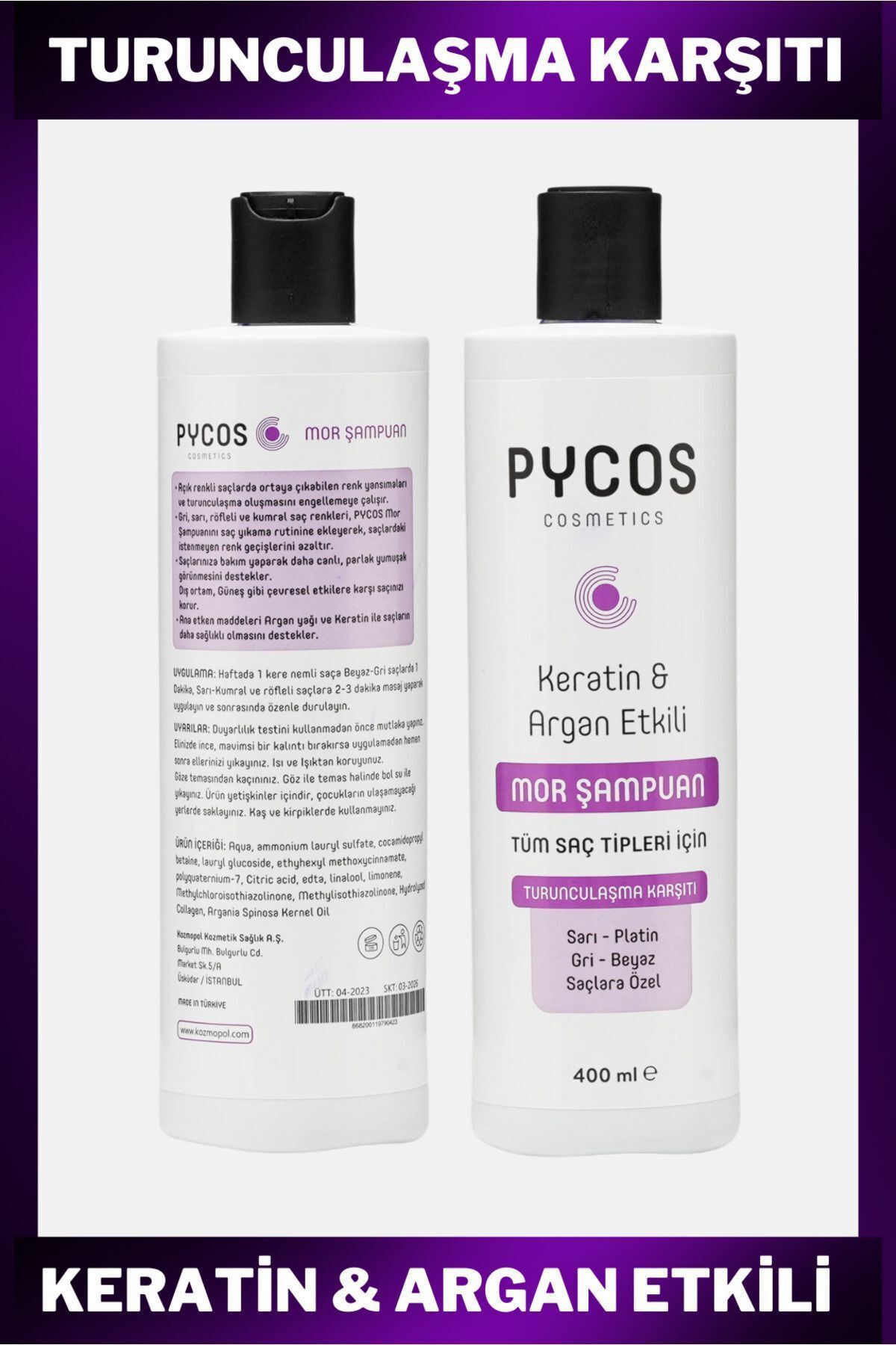 PYCOS COSMETICS Turunculaşma Karşıtı Mor Şampuan 400ml, Sarı-gri-beyaz Saçlar Için Renk Dengeleyici Silver Şampuan-5