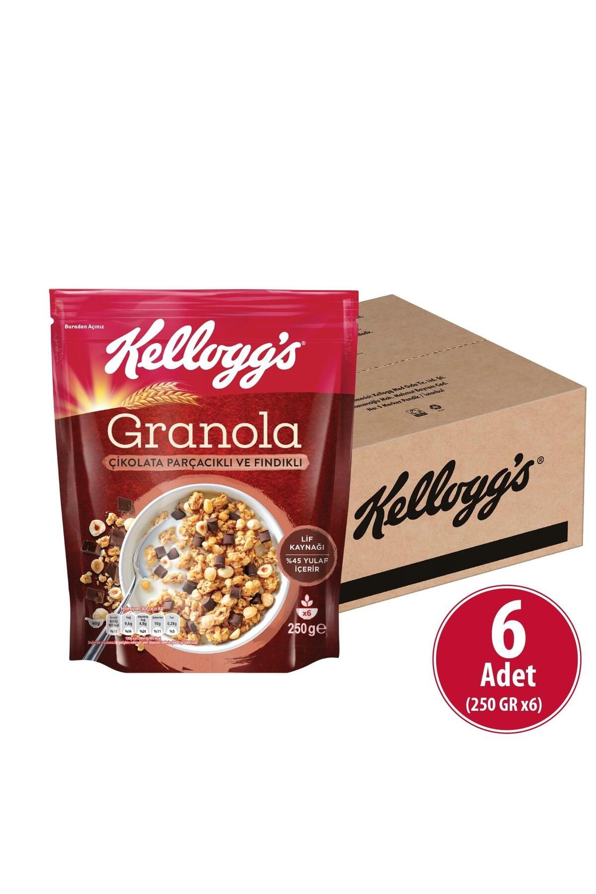 Kellogg's Çikolata Parçacıklı Ve Fındıklı Granola 250 Gr x 6 Adet, %44 Yulaf, Lif Kaynağı, Kahvaltılık Gevrek