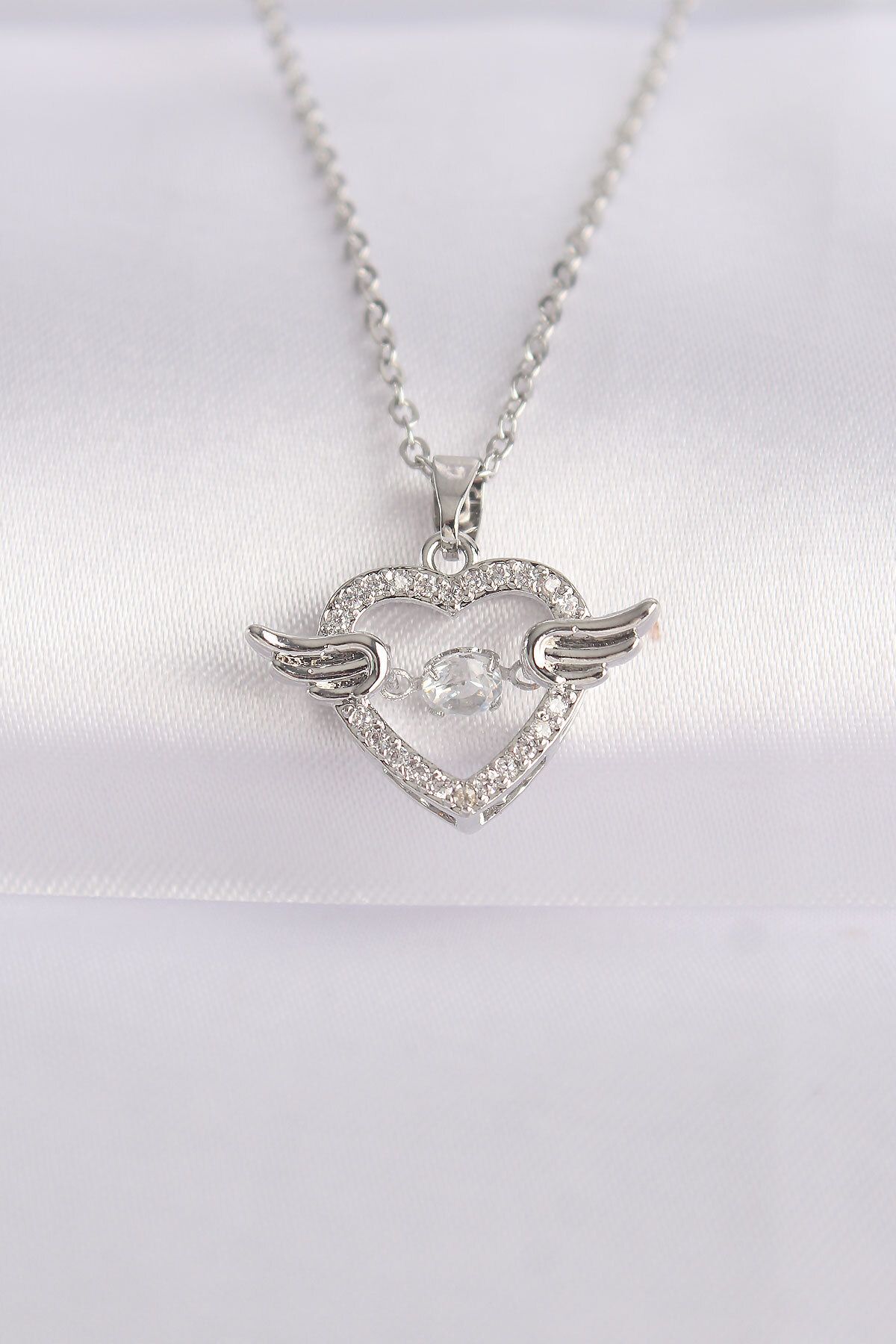 Skygo-316L Steel Chain Silver Color Zircon Stone Winged Heart Necklace - Tj-Bko8627 1