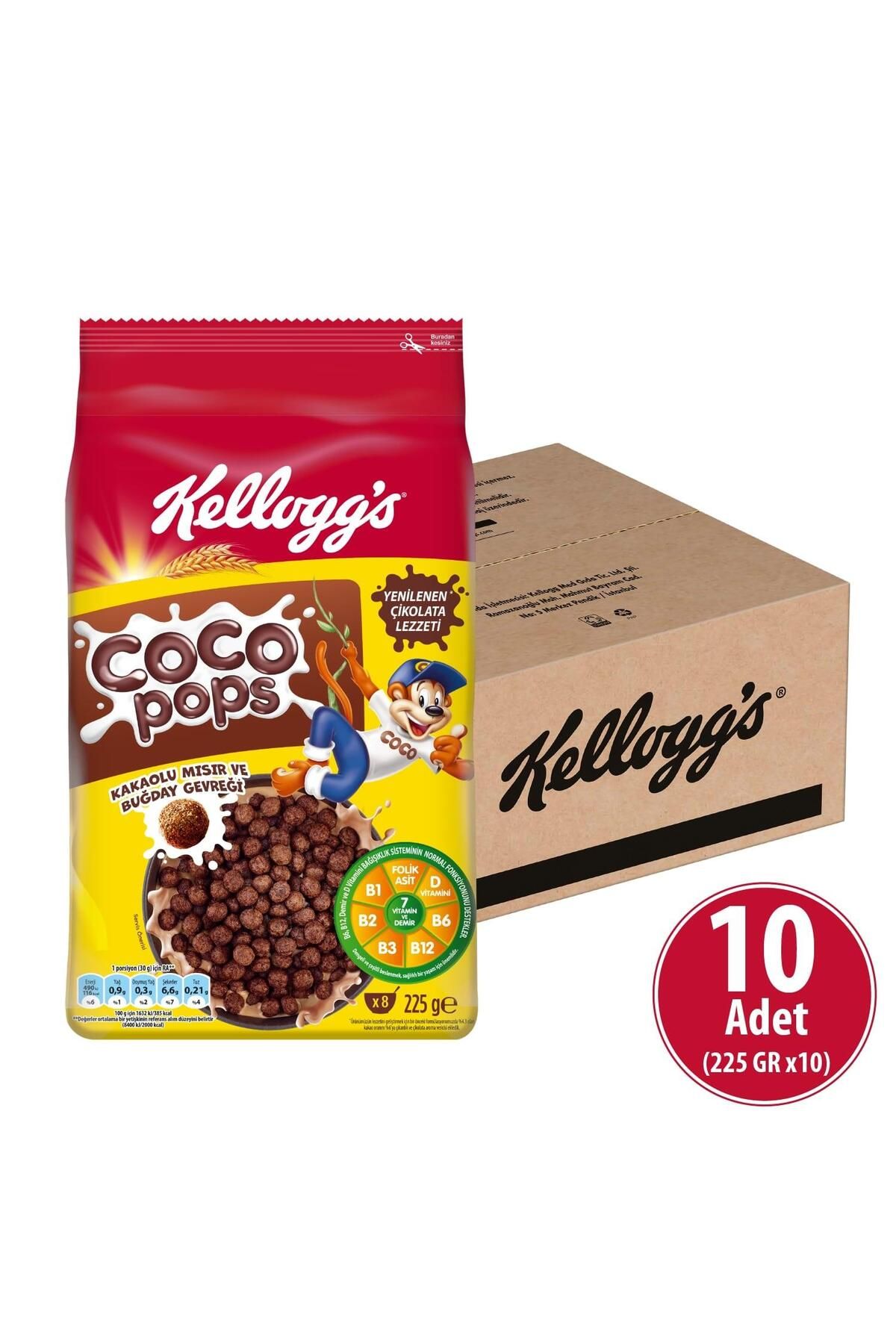 Kellogg's Coco Pops Topları Kakaolu Buğday Ve Mısır Gevreği 225 G X 10 Adet, Lif, Demir Ve 7 Vitamin Içerir