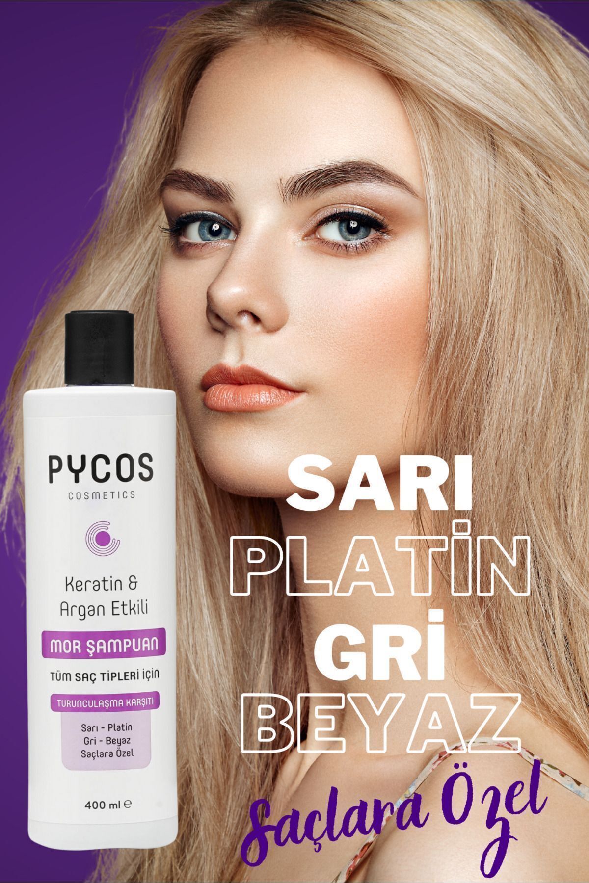 PYCOS COSMETICS Turunculaşma Karşıtı Mor Şampuan 400ml, Sarı-gri-beyaz Saçlar Için Renk Dengeleyici Silver Şampuan-1