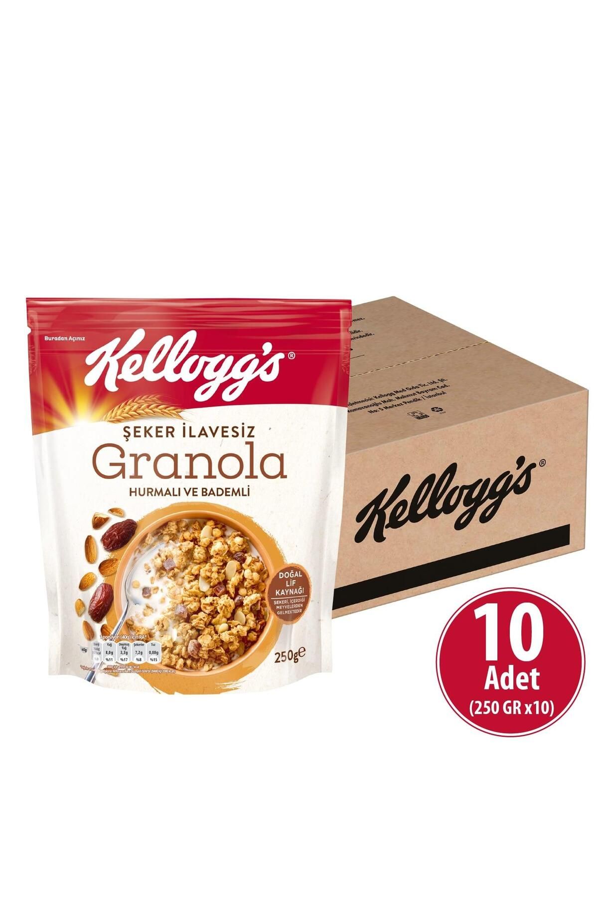 Kellogg's Şeker İlavesiz Granola Hurmalı Ve Bademli 250 gr x 10 Adet, %43 Yulaf Içerir, Lif Kaynağı