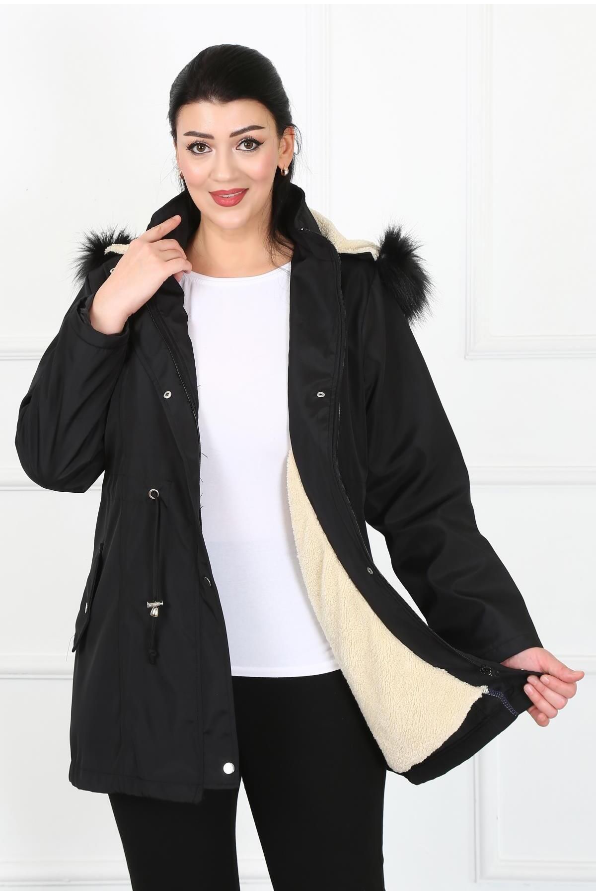By Alba Collection-Дамско черно водоотблъскващо кожено палто с качулка и голям размер 3