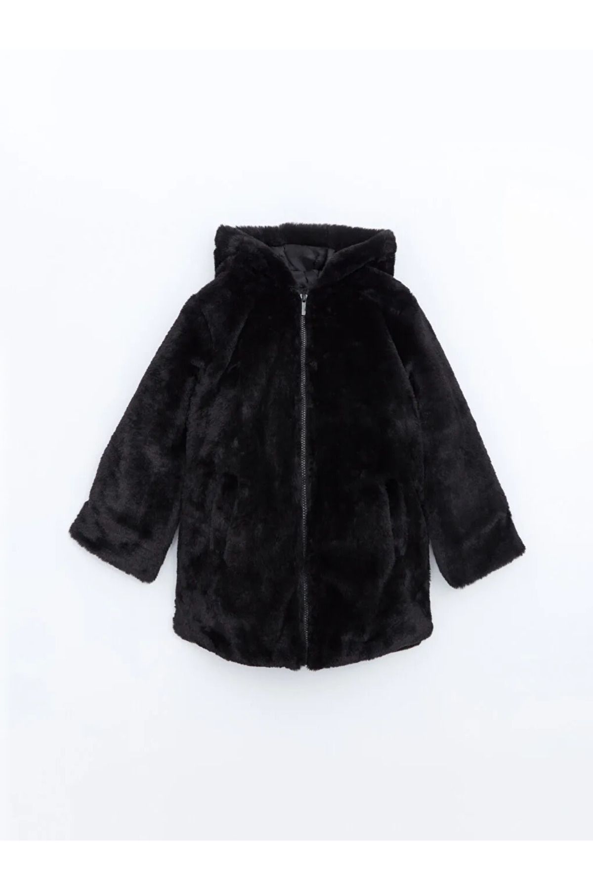 LC Waikiki-Lcw Kids Black Hooded Girls' Plush Coat 1