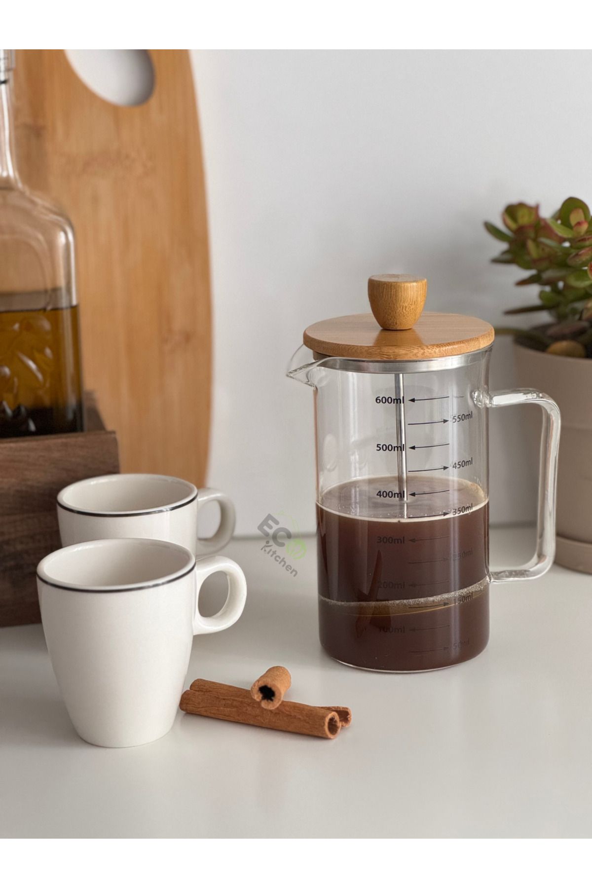 ECO KİTCHEN Bambu Kapaklı Cam French Press 600 ml. Kahve,Bitki Çayı Demleme, Borosilikat (Ateşe Dayanıklı)