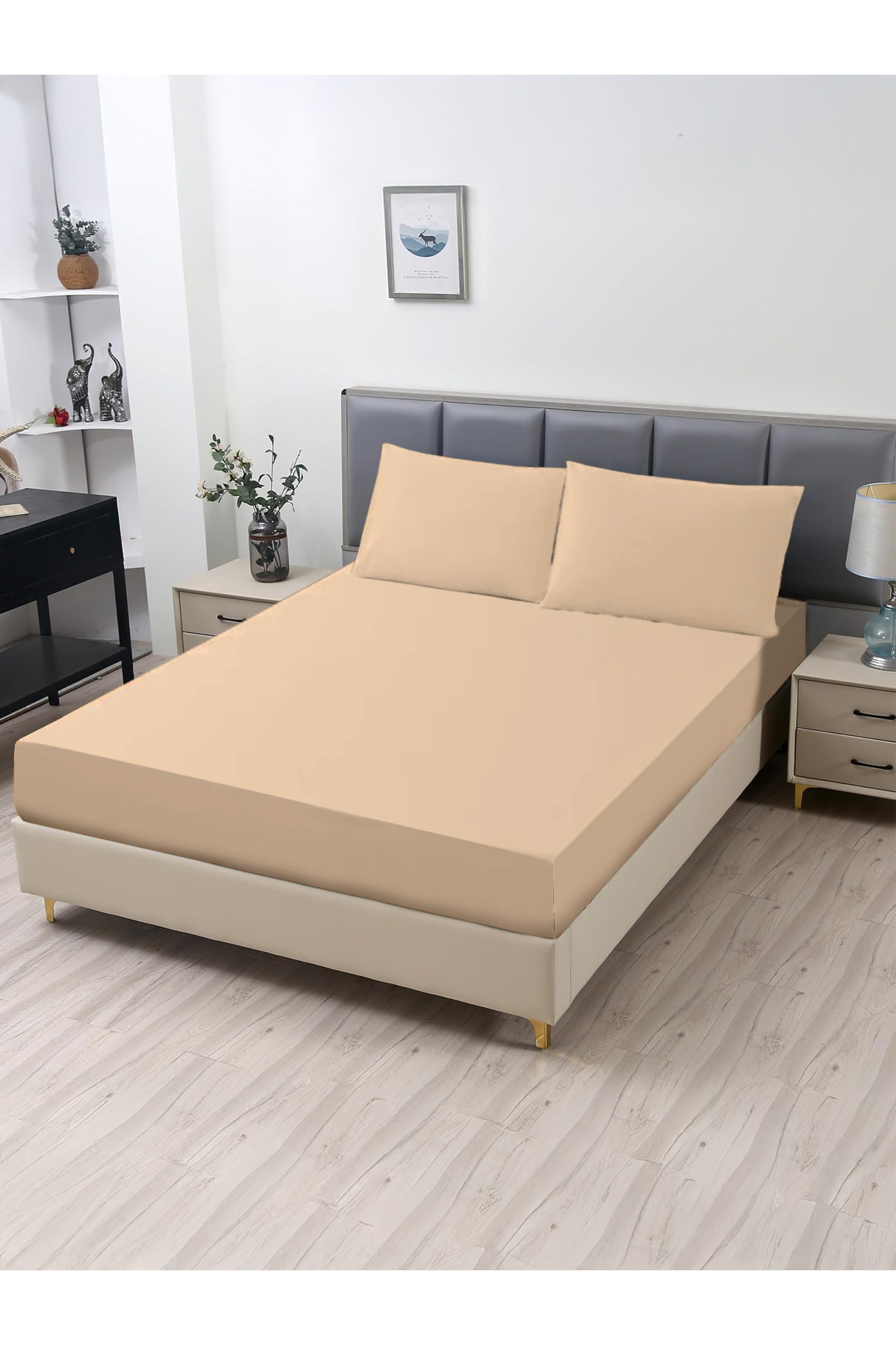 MODELHOME-Beige Colored Elastic Sheet Set 7 Different Capacity Pillow Cases 7