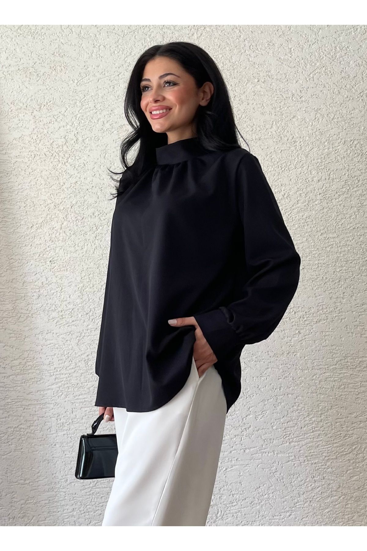 KÜÇÜĞÜM BUTİK-Long Sleeve Black Crepe Blouse - Neck Drawstring 1