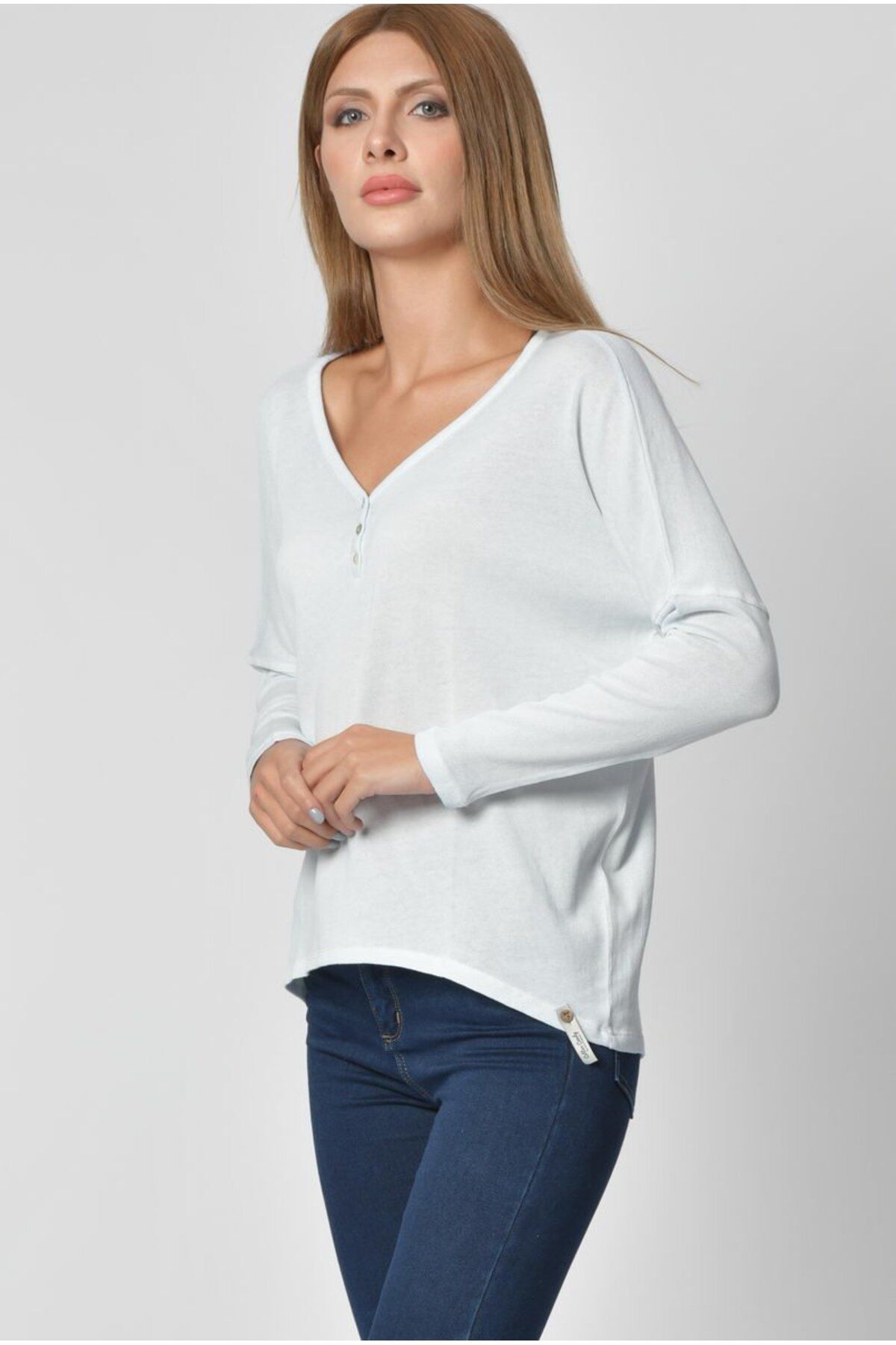 Cotton Candy-Tricou de damă cu mânecă lungă, cu decolteu în V, cu nasturi - Ice Blue 2