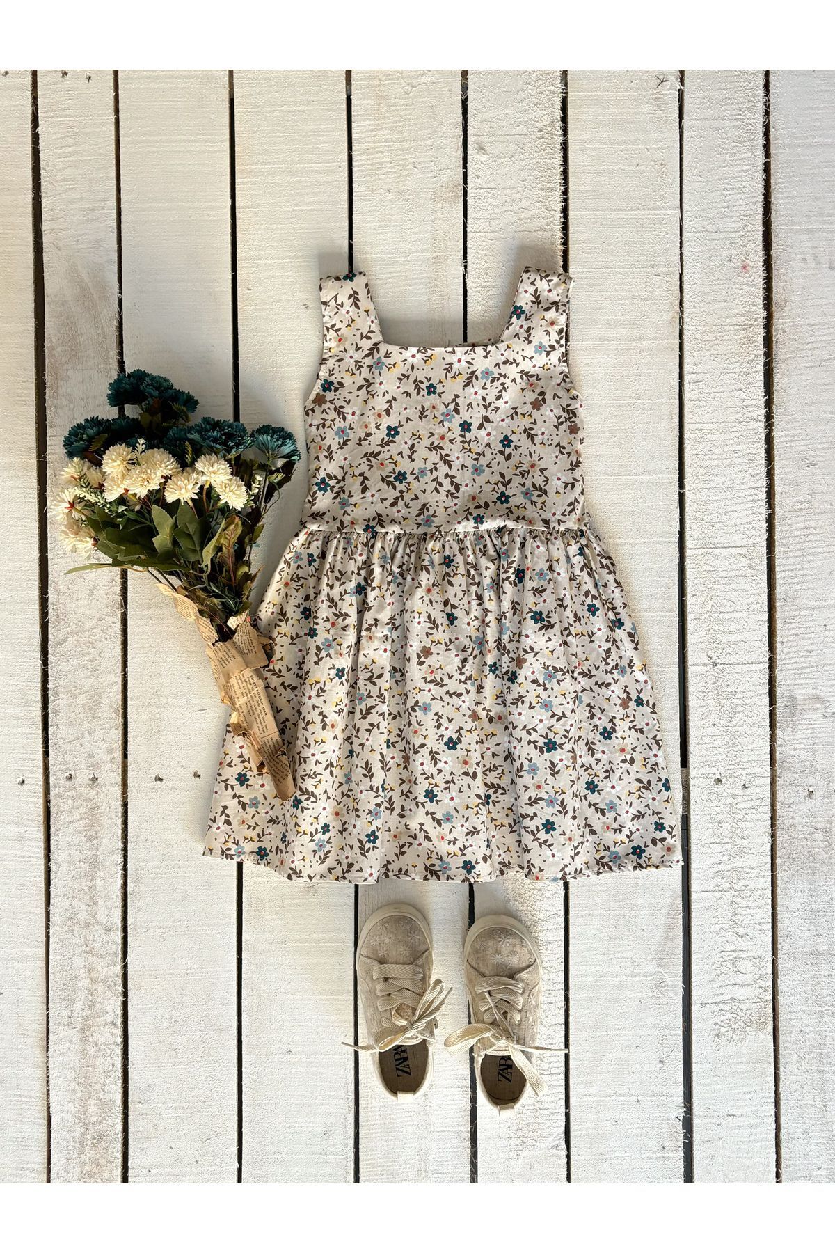 KÜÇÜĞÜM BUTİK Gri-kahve Çiçekli Askılı Kare Yaka Kız Çocuk Jile fotoğrafı 3 (önizleme)