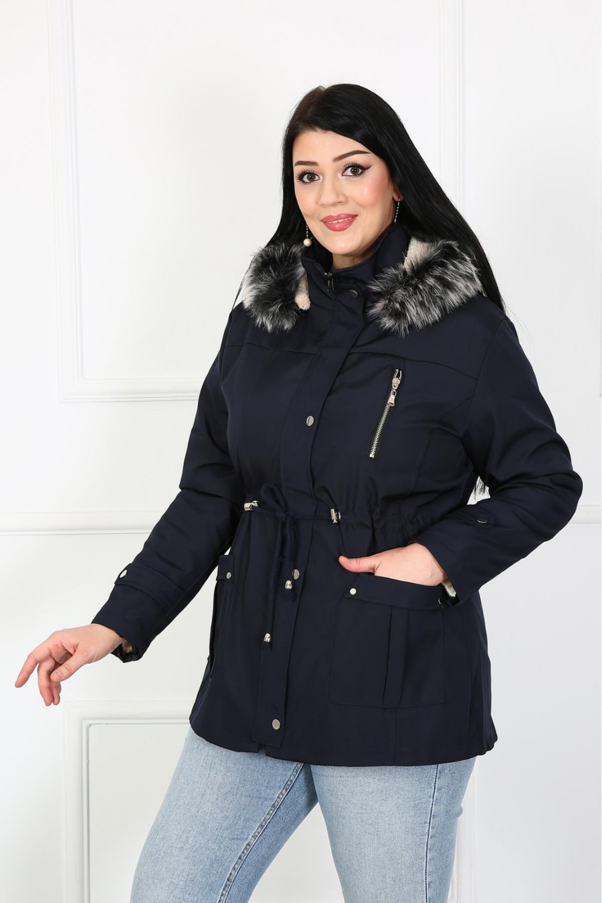 By Alba Collection Kadın Lacivert Cep Detay Su Itici Bondit Kumaş Büyük Beden Mont