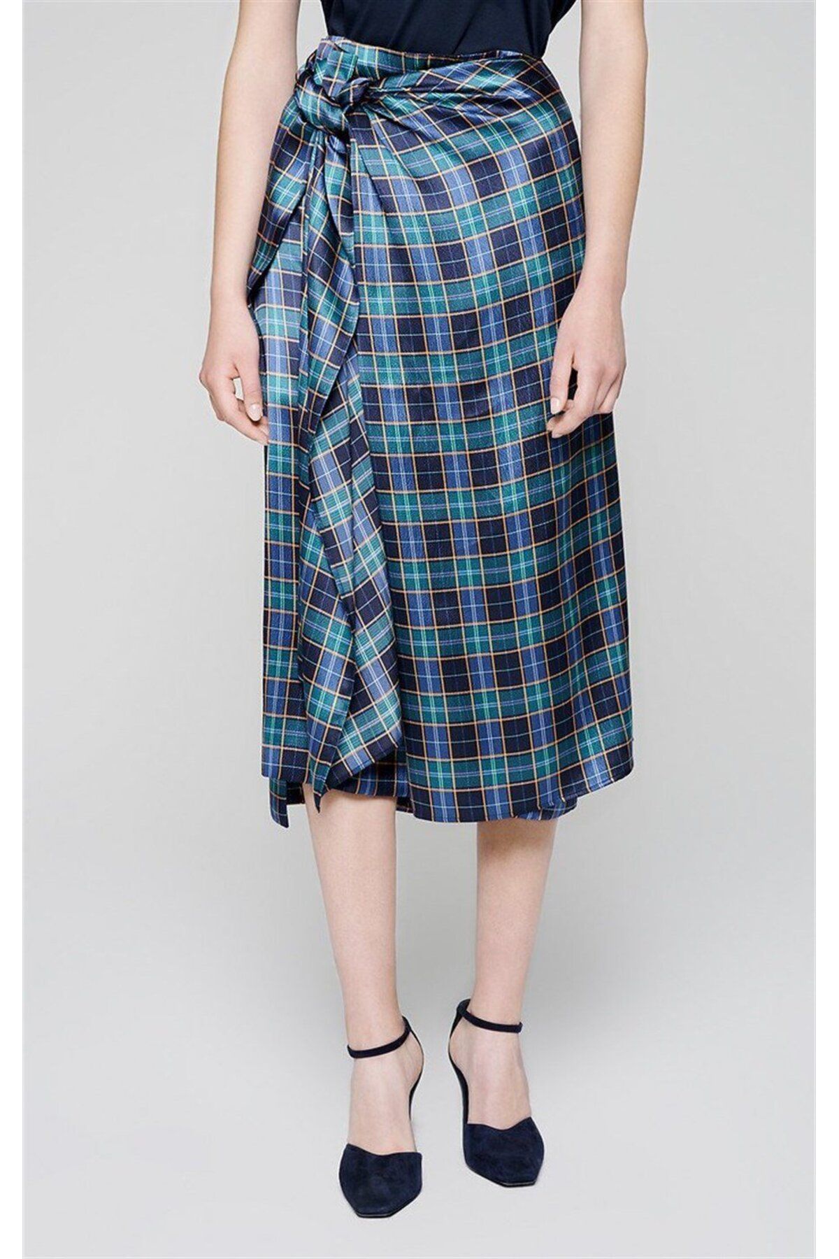 Escada-Waist Tied Square Patterned Midi Length Petrol Silk Skirt 2