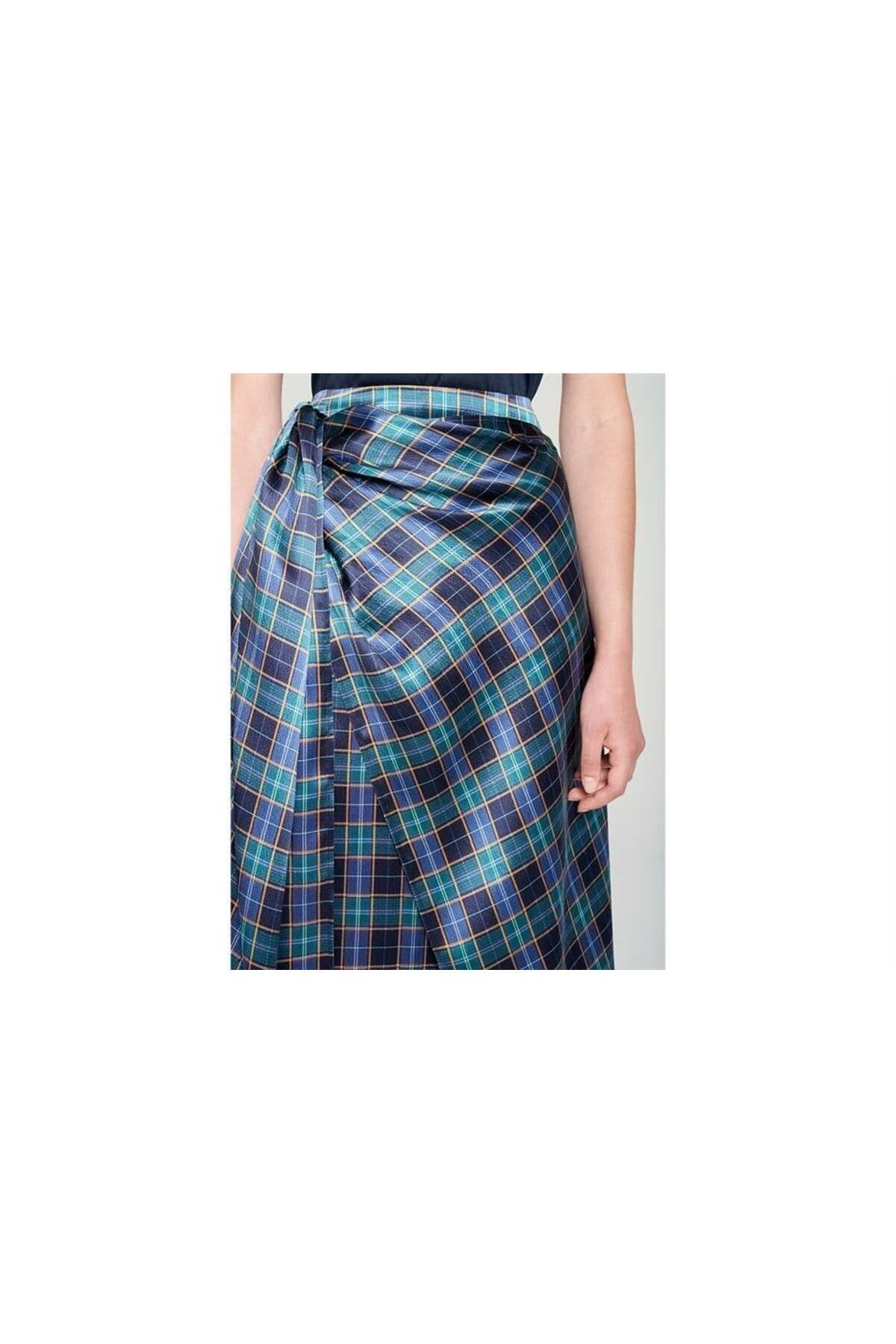 Escada-Waist Tied Square Patterned Midi Length Petrol Silk Skirt 3