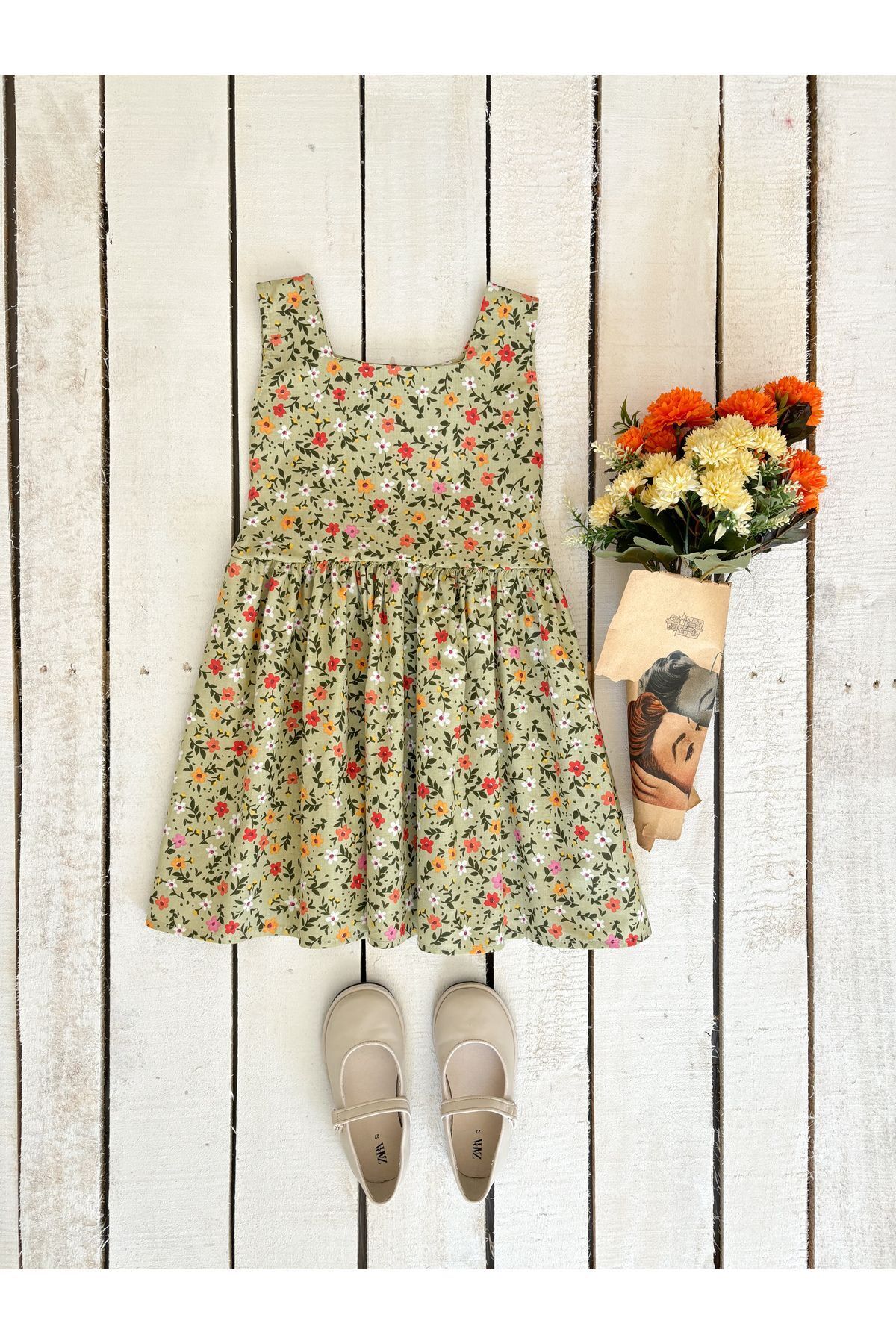 KÜÇÜĞÜM BUTİK Yeşil Çiçekli Askılı Kare Yaka Kız Çocuk Jile fotoğrafı 2 (önizleme)