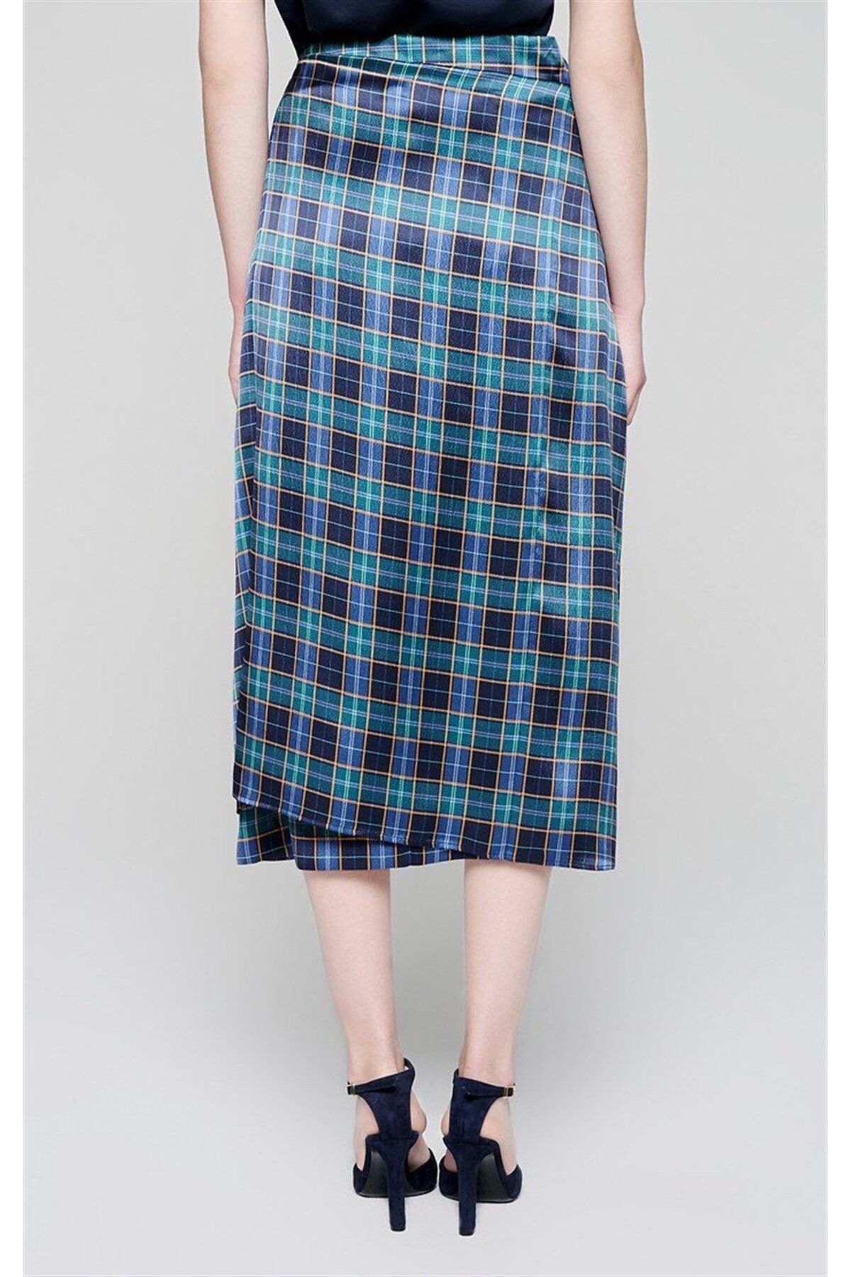 Escada-Waist Tied Square Patterned Midi Length Petrol Silk Skirt 5
