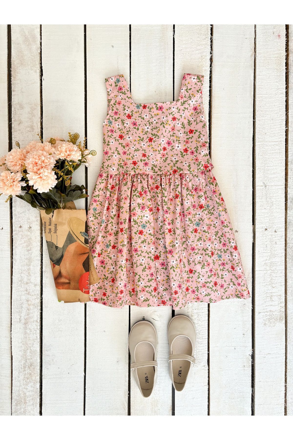 KÜÇÜĞÜM BUTİK Pudra Çiçekli Askılı Kare Yaka Kız Çocuk Jile fotoğrafı 2 (önizleme)