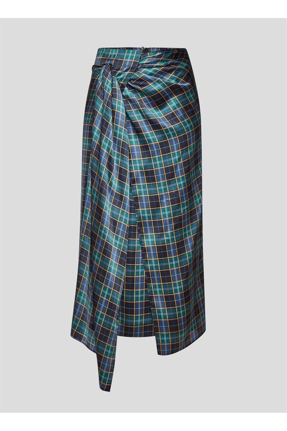 Escada-Waist Tied Square Patterned Midi Length Petrol Silk Skirt 6