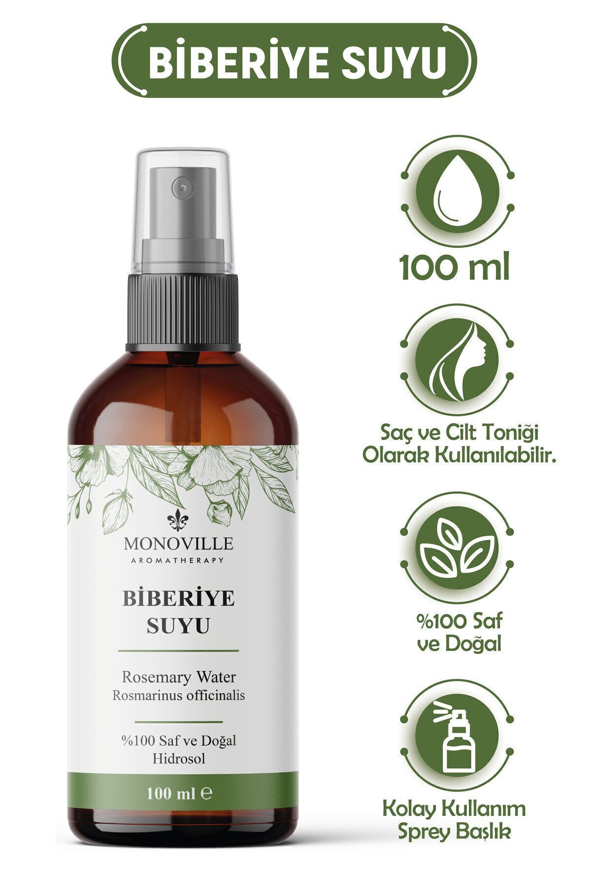 Monoville Biberiye Suyu Kepek Karşıtı Saç Toniği Ve Sebum Dengeleyici Cilt Toniği 100 ml ( Rosemary Water )