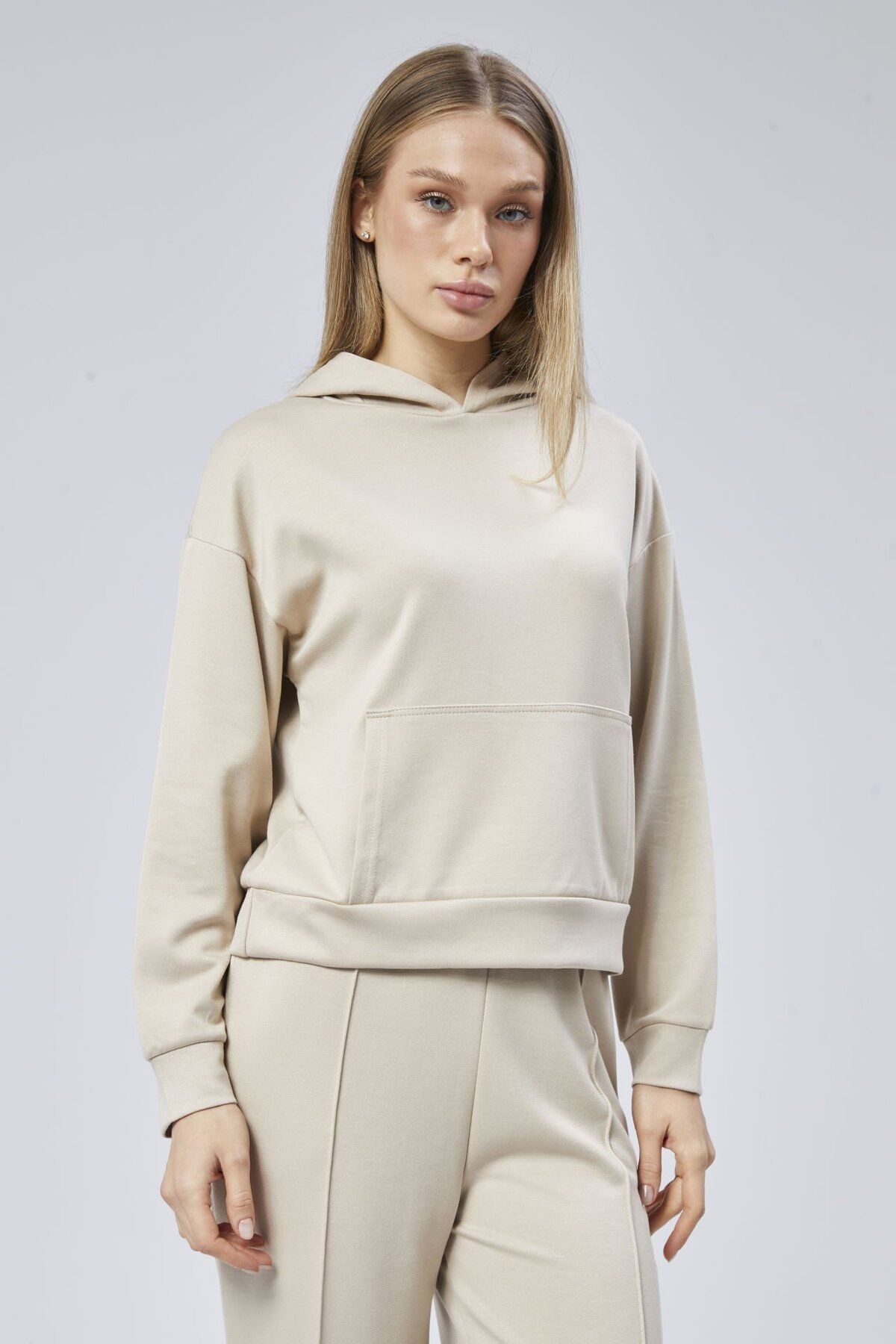 soBasic-Beige Color - Wide Leg Tracksuit Set with Modal Fabric, Kangaroo Pockets and Hood-Xl 3
