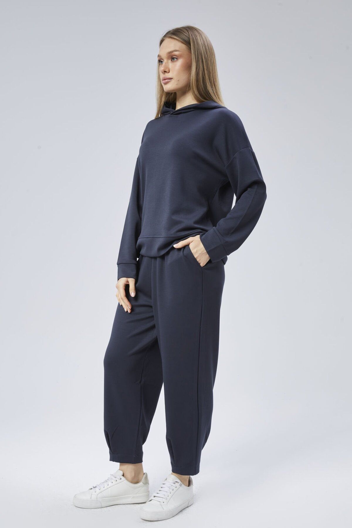 soBasic-Modal Fabric Hooded Elastic Waist Shalwar Tracksuit Set - Navy Blue 3