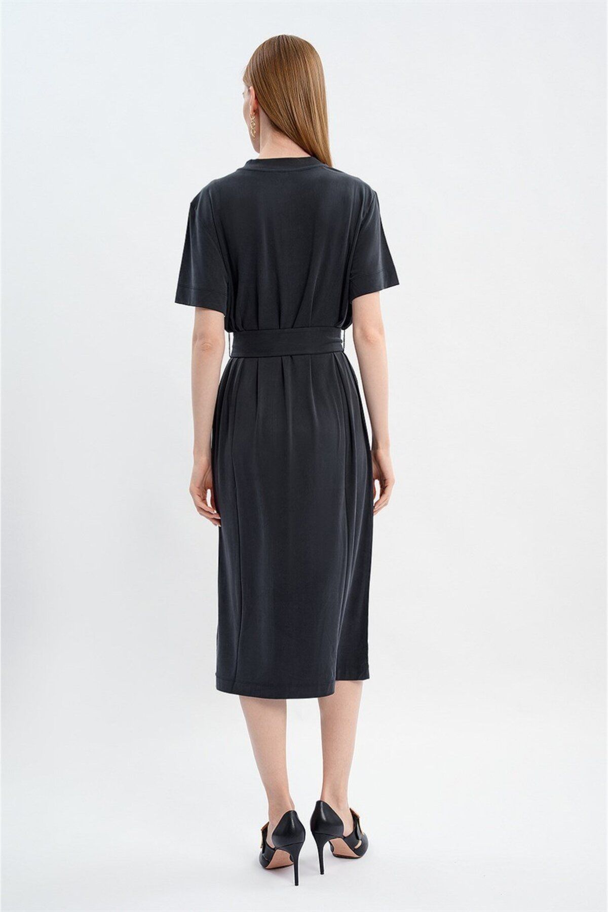 Escada-Sport Belted Short Sleeve Midi Length Black Dress 4
