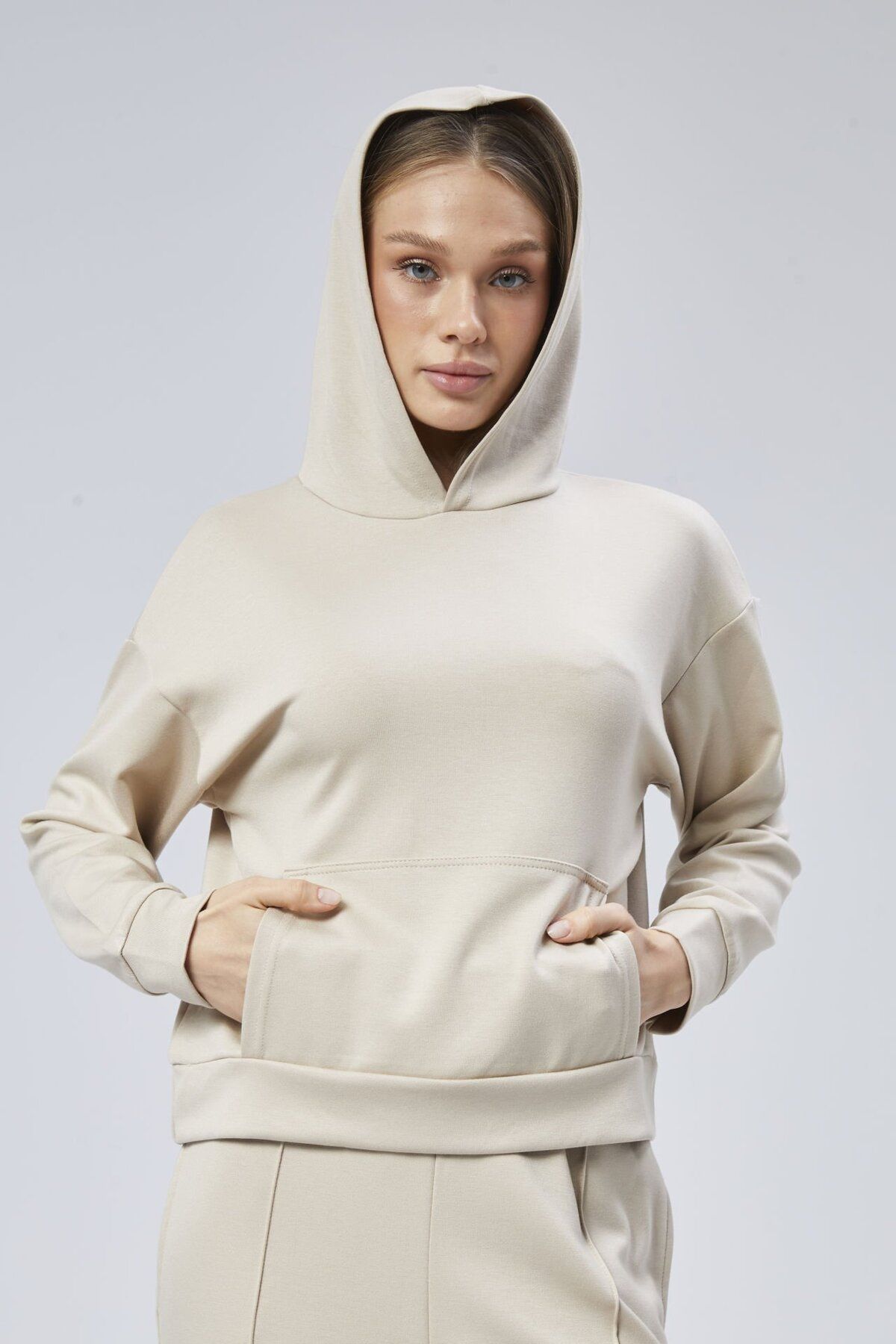 soBasic-Beige Color - Wide Leg Tracksuit Set with Modal Fabric, Kangaroo Pockets and Hood-Xl 5