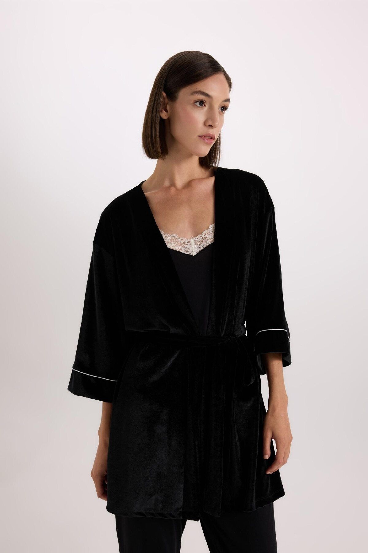 DeFacto-Velvet Dressing Gown - Regular Fit, Wrap Neck, Half Sleeve D6447Ax24Wn 4