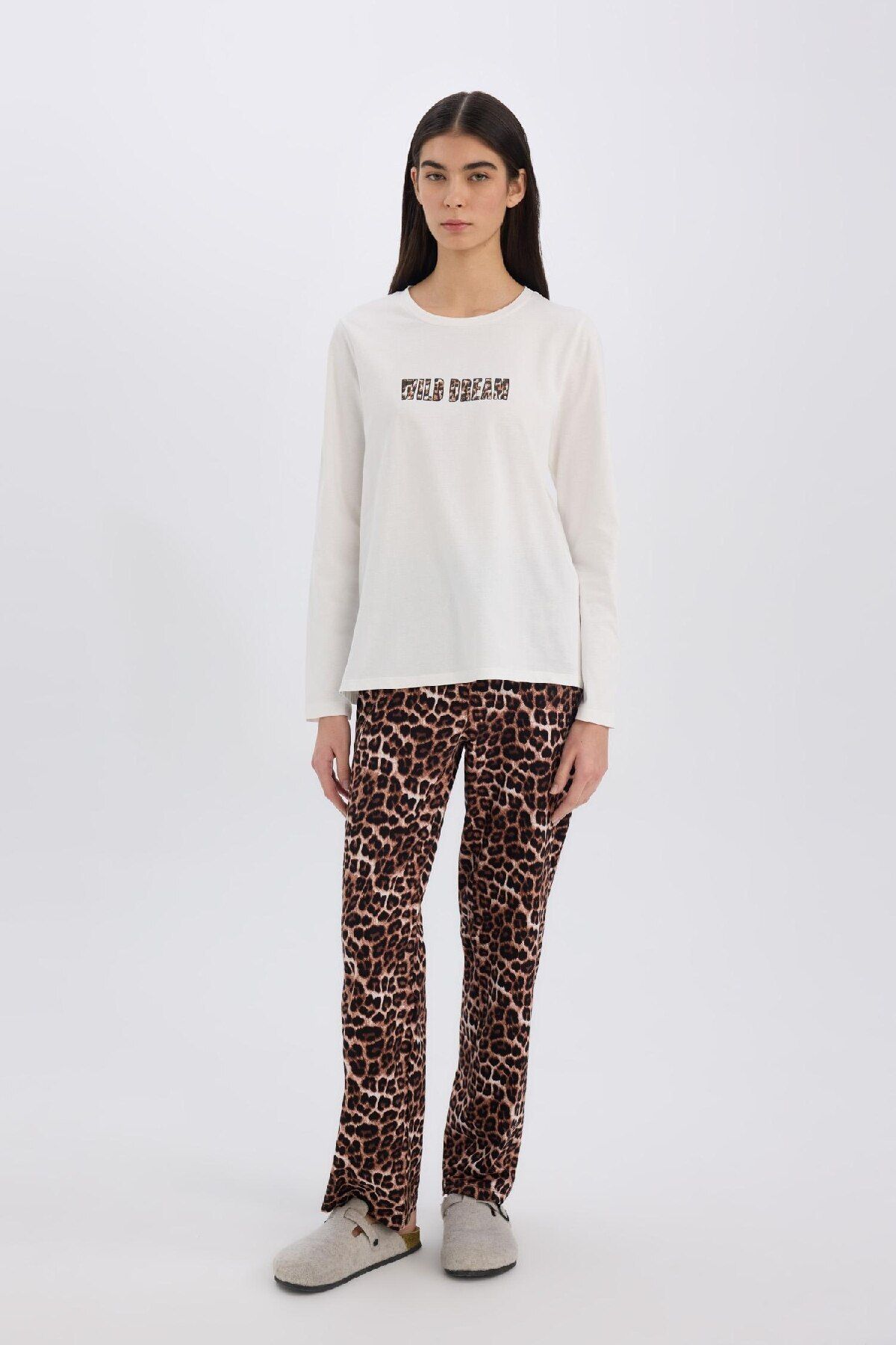 DeFacto-Leopard Print Stretchy Pajamas Set for Fall in Love - Long Sleeve and Waist E2894Ax 2