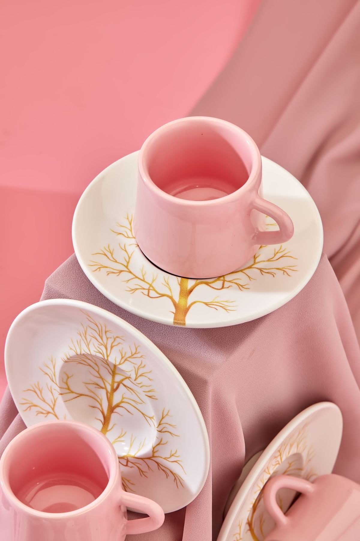 Babion-Pearl Linden 12-Piece Luxury Ceramic 6-Person Pink Coffee Cup Set, Turkish Coffee Cup 6