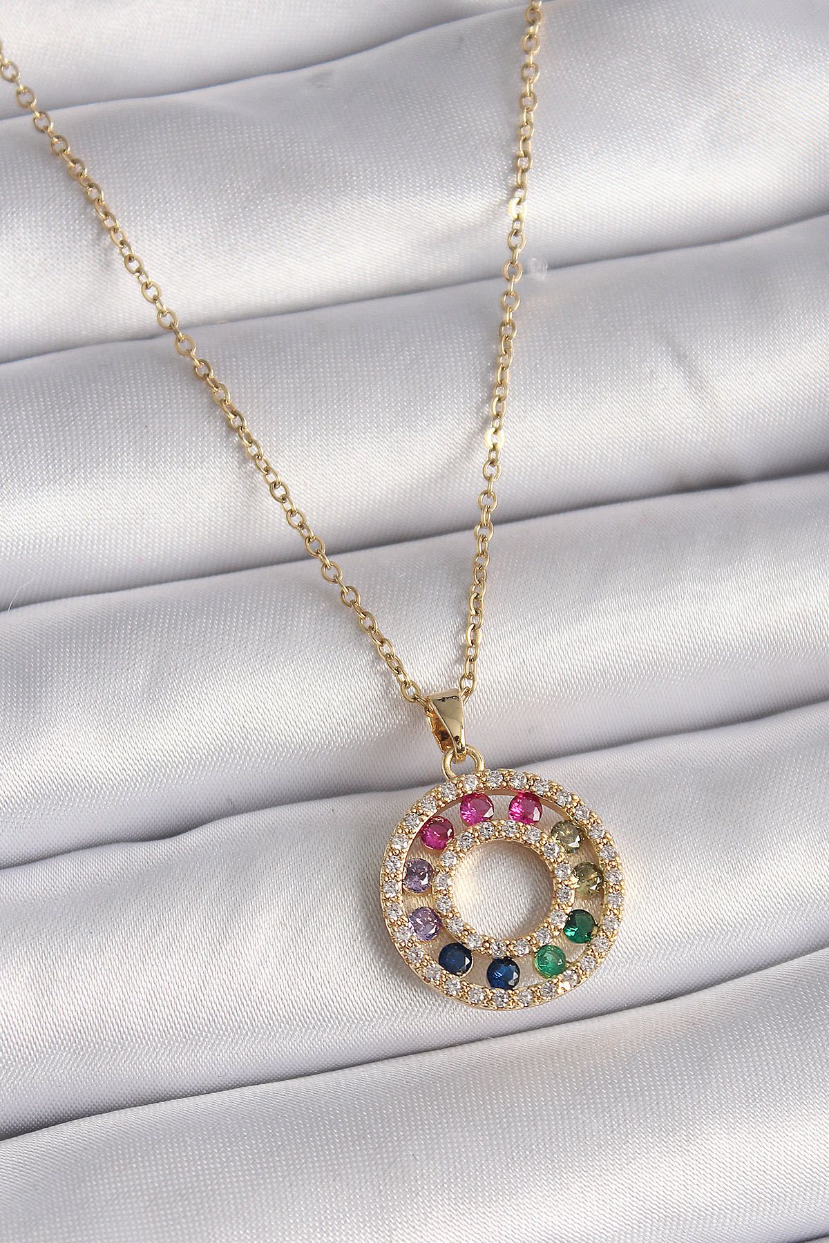 BirdoluSepet 316L Çelik Gold Renk Zincir Renkli Zirkon Taşlı Madalyon Model Kadın Kolye