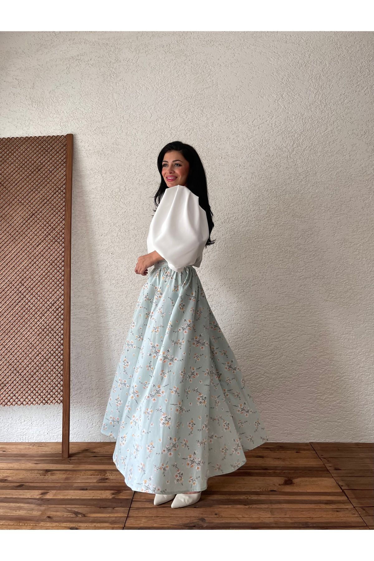 KÜÇÜĞÜM BUTİK-Poplin Flared Skirt - Aqua Green and Bahardalı 3