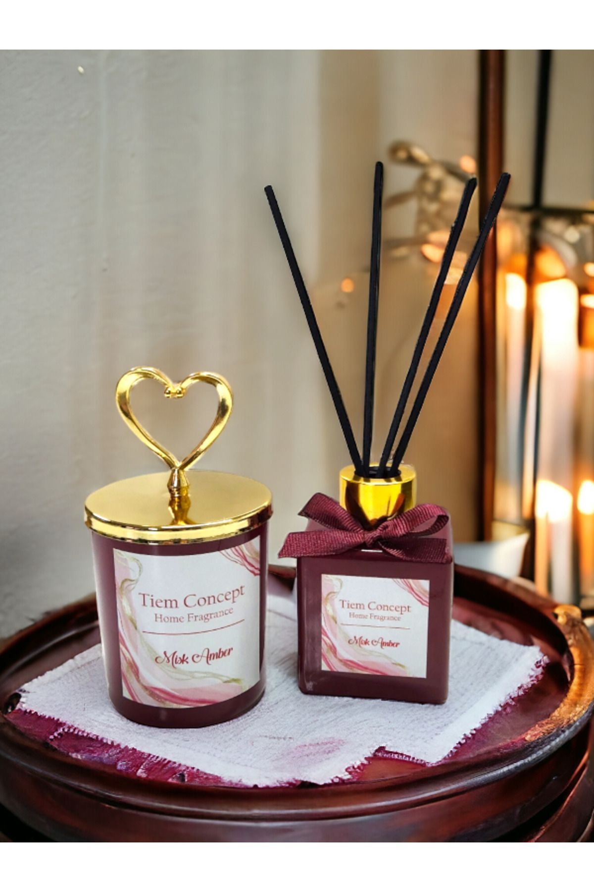 Elioure Altın Kalpli Bardak Mum ve Oda Kokusu Seti, Amber 100 ml