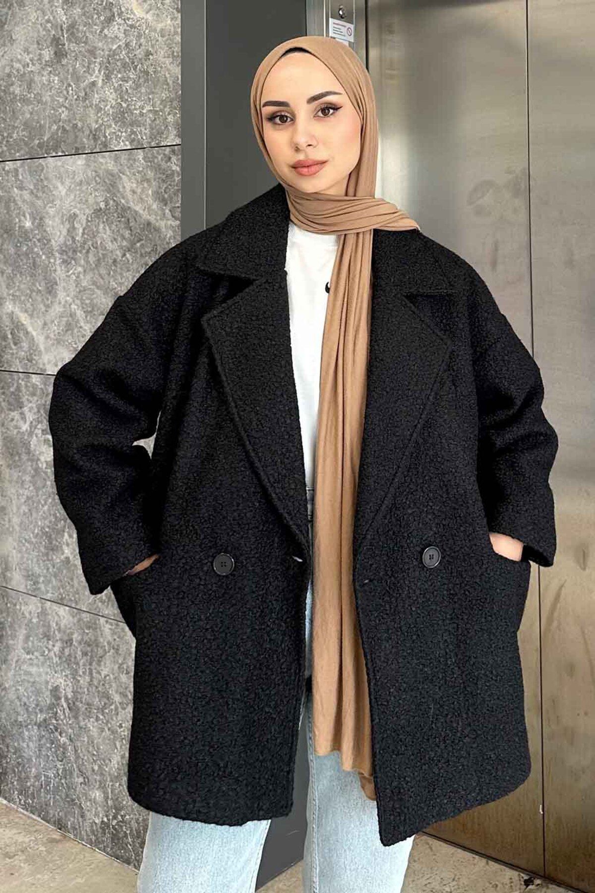 کت پوشیده سیاه کوتاه یقه کروز اورجینال lamelif