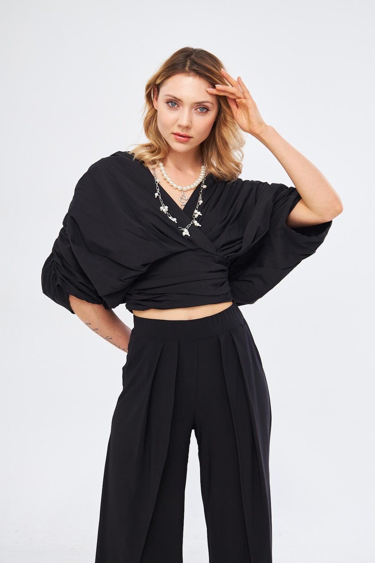 LAMANTE-Draped Cross Collar Black Blouse 2