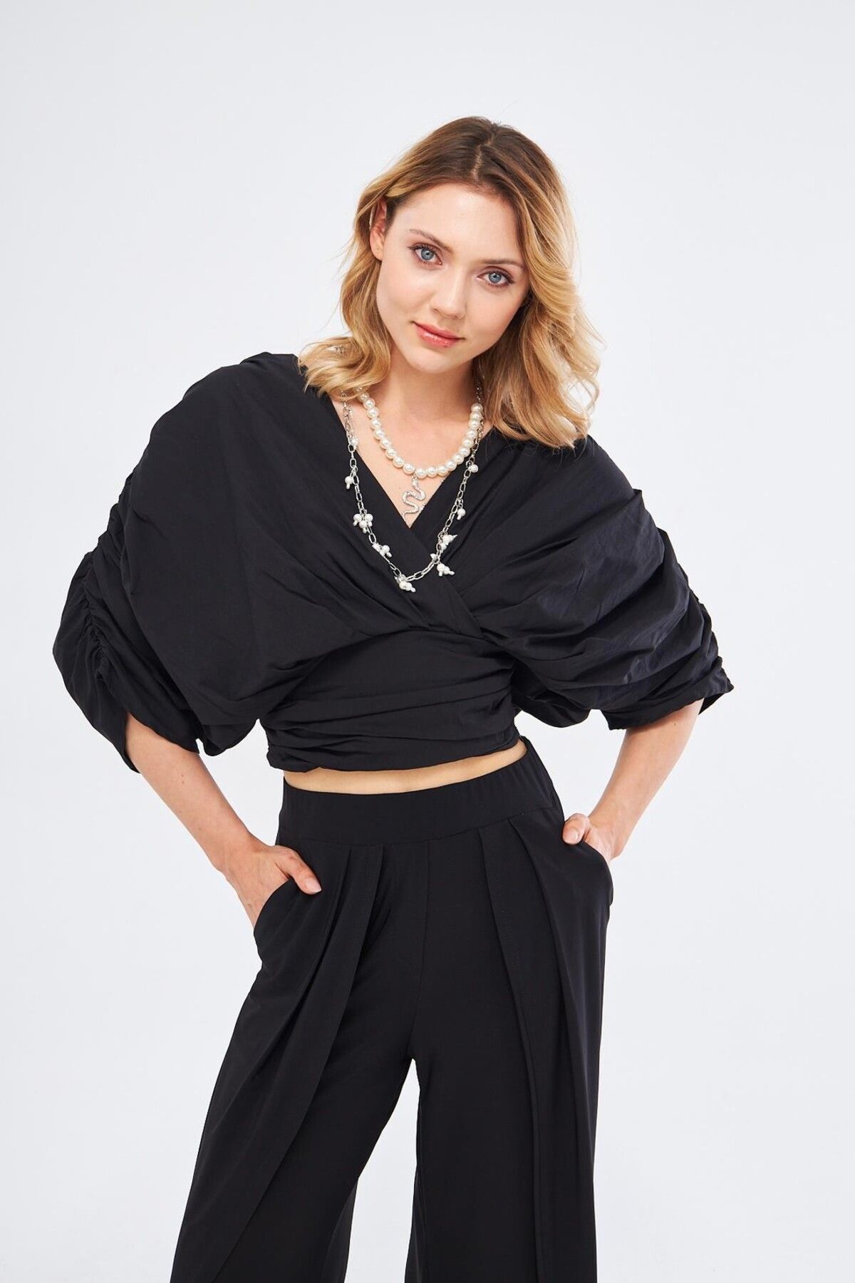 LAMANTE-Draped Cross Collar Black Blouse 6