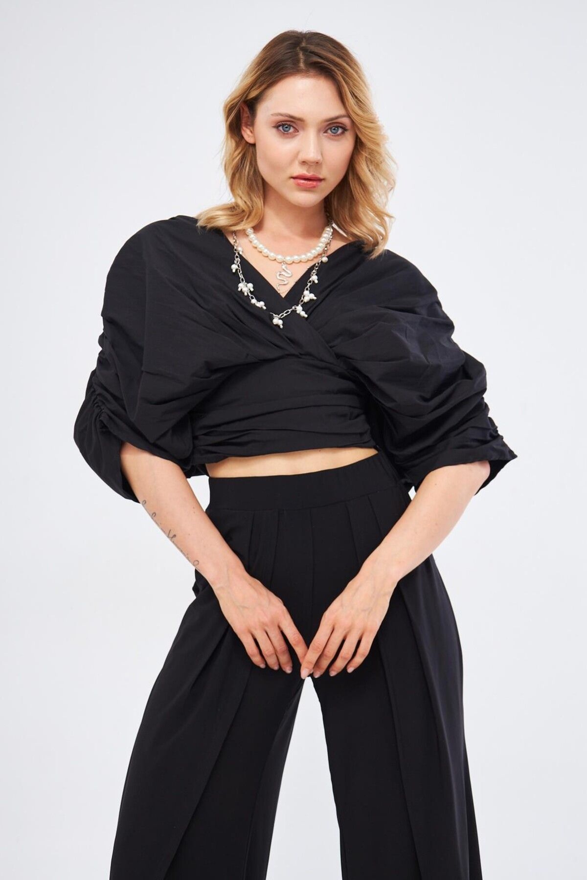 LAMANTE-Draped Cross Collar Black Blouse 3