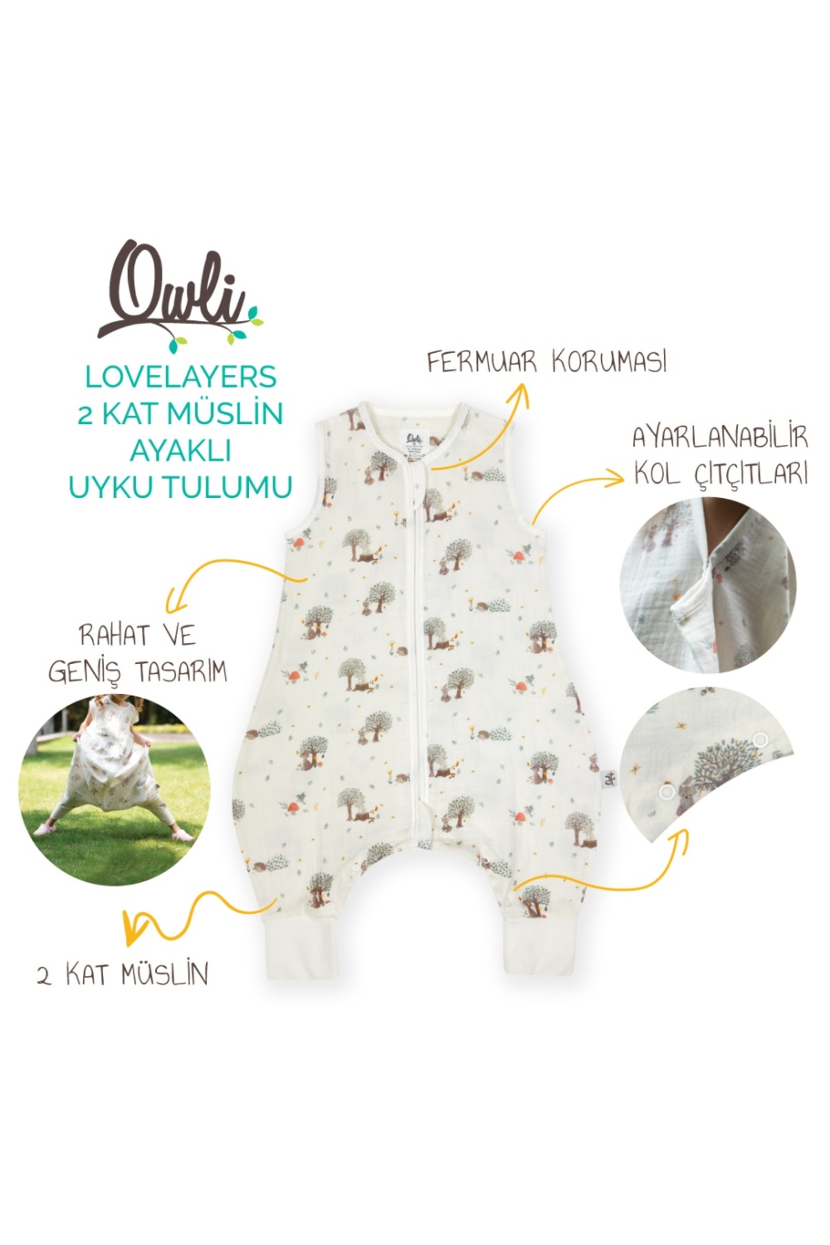 Owli Lovelayers 2 Kat Müslin Ayaklı Uyku Tulumu Forest fotoğrafı 2 (önizleme)