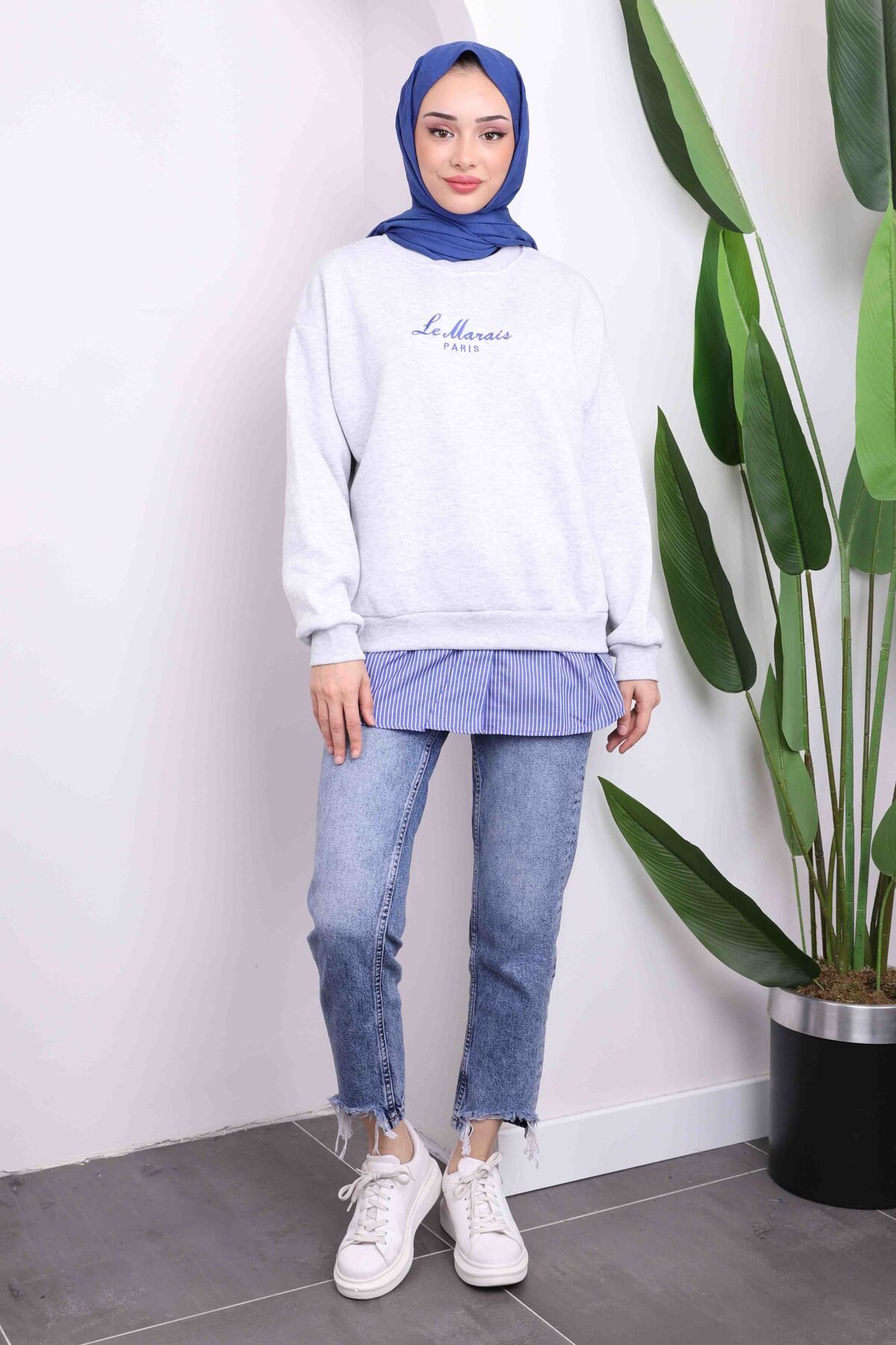 İmajButik-Gray Embroidered Three Thread Sweat 2