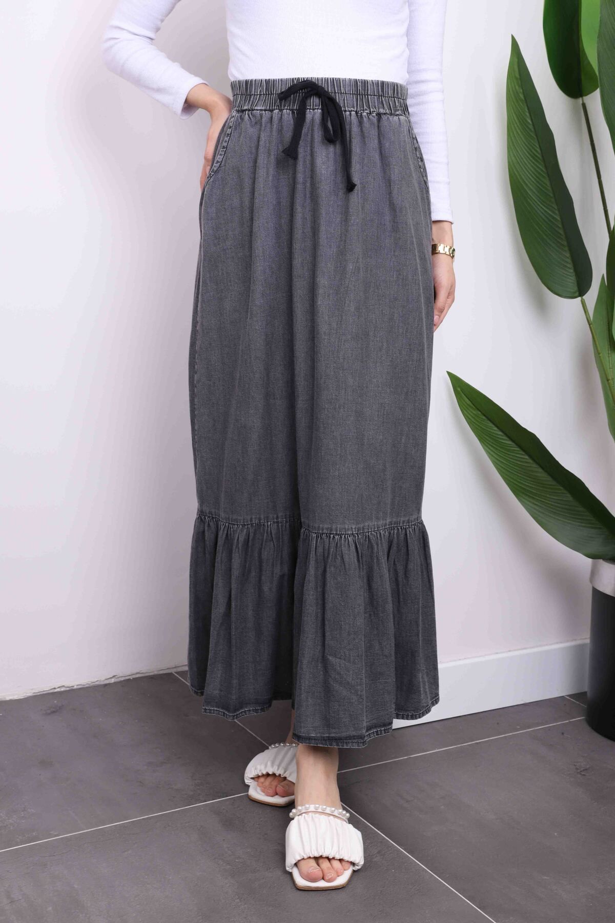 İmajButik-Anthracite Hem Layered Denim Skirt 4