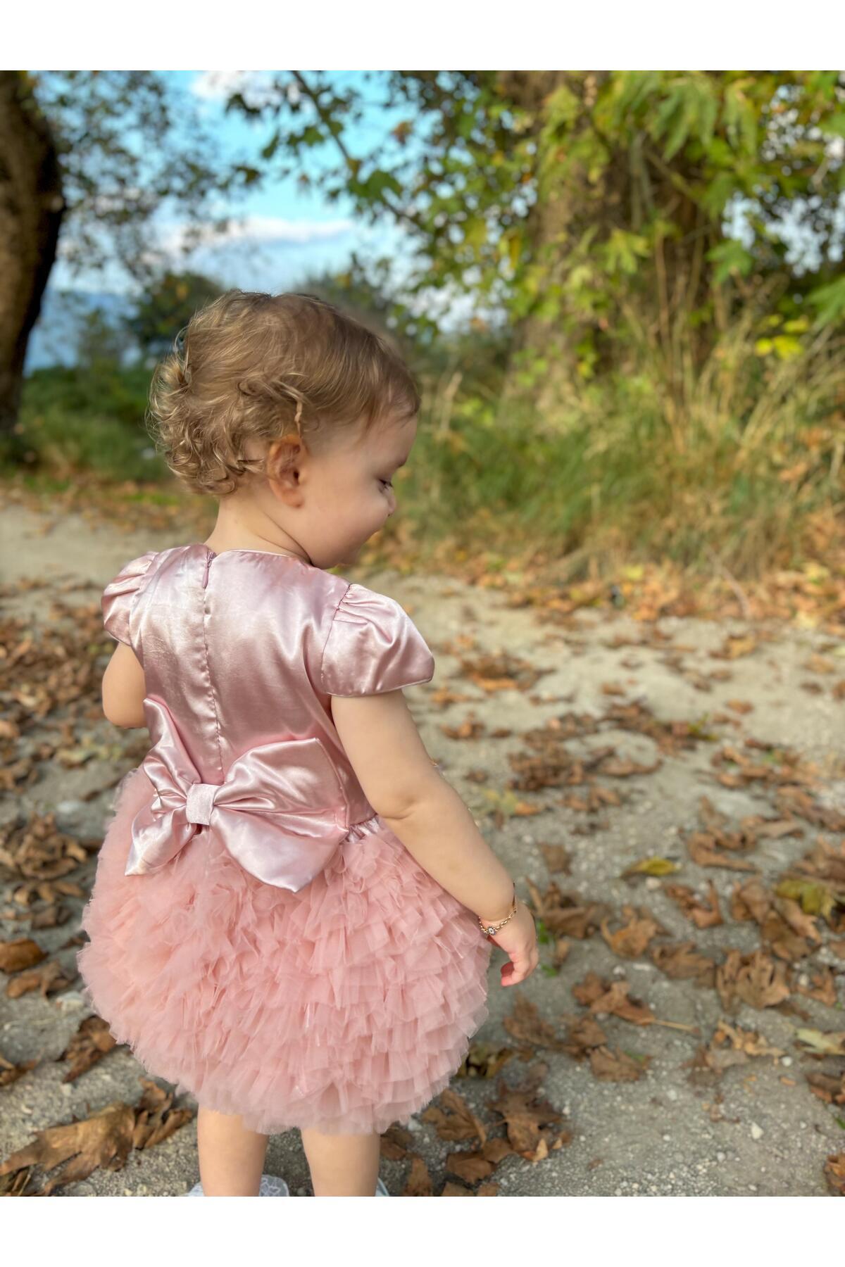 ALYRA Kız Bebek Çocuk Kısa Kollu Tüllü Tütü Özel Gün Prenses Saten Elbise fotoğrafı 2 (önizleme)