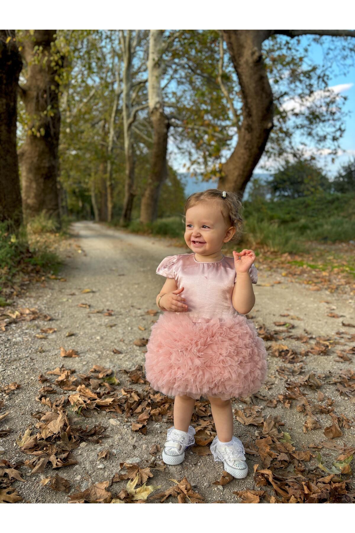 ALYRA Kız Bebek Çocuk Kısa Kollu Tüllü Tütü Özel Gün Prenses Saten Elbise fotoğrafı 7 (önizleme)