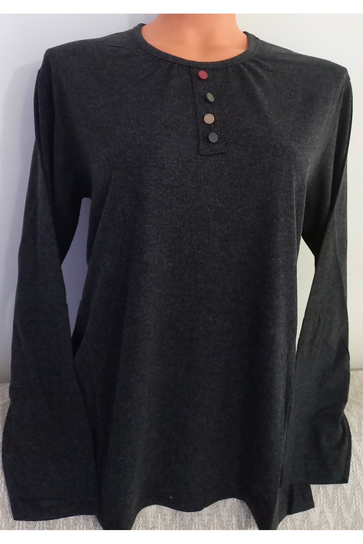 Anne-Er Clothing - Mother Winter Cotton Combed Cotton Blouse, Long Sleeve, Crew Neck, Smoked 2
