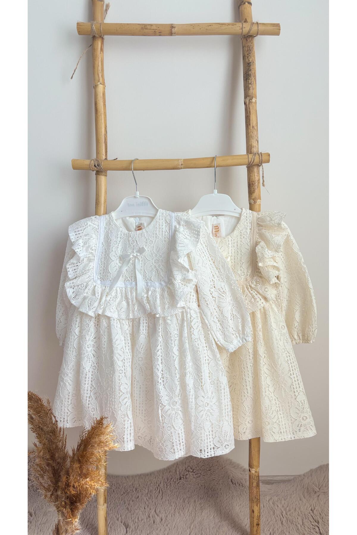 ALYRA Kız Bebek Çocuk Uzun Kollu Dantelli Fiyonklu Fırfırlı Parti Düğün Doğum Günü Bayramlık Elbise fotoğrafı 6 (önizleme)