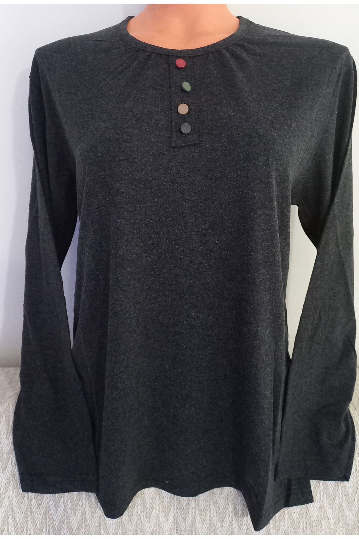 Anne-Er Clothing - Mother Winter Cotton Combed Cotton Blouse, Long Sleeve, Crew Neck, Smoked 5