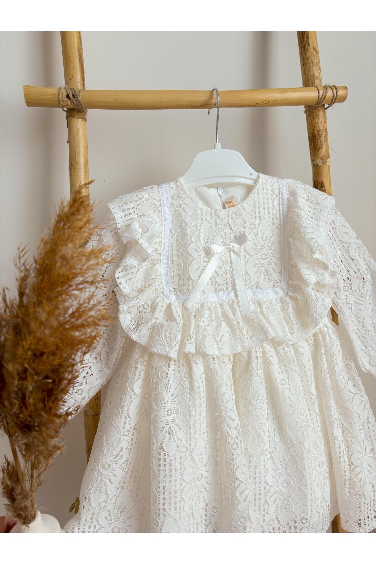 ALYRA Kız Bebek Çocuk Uzun Kollu Dantelli Fiyonklu Fırfırlı Parti Düğün Doğum Günü Bayramlık Elbise fotoğrafı 3 (önizleme)