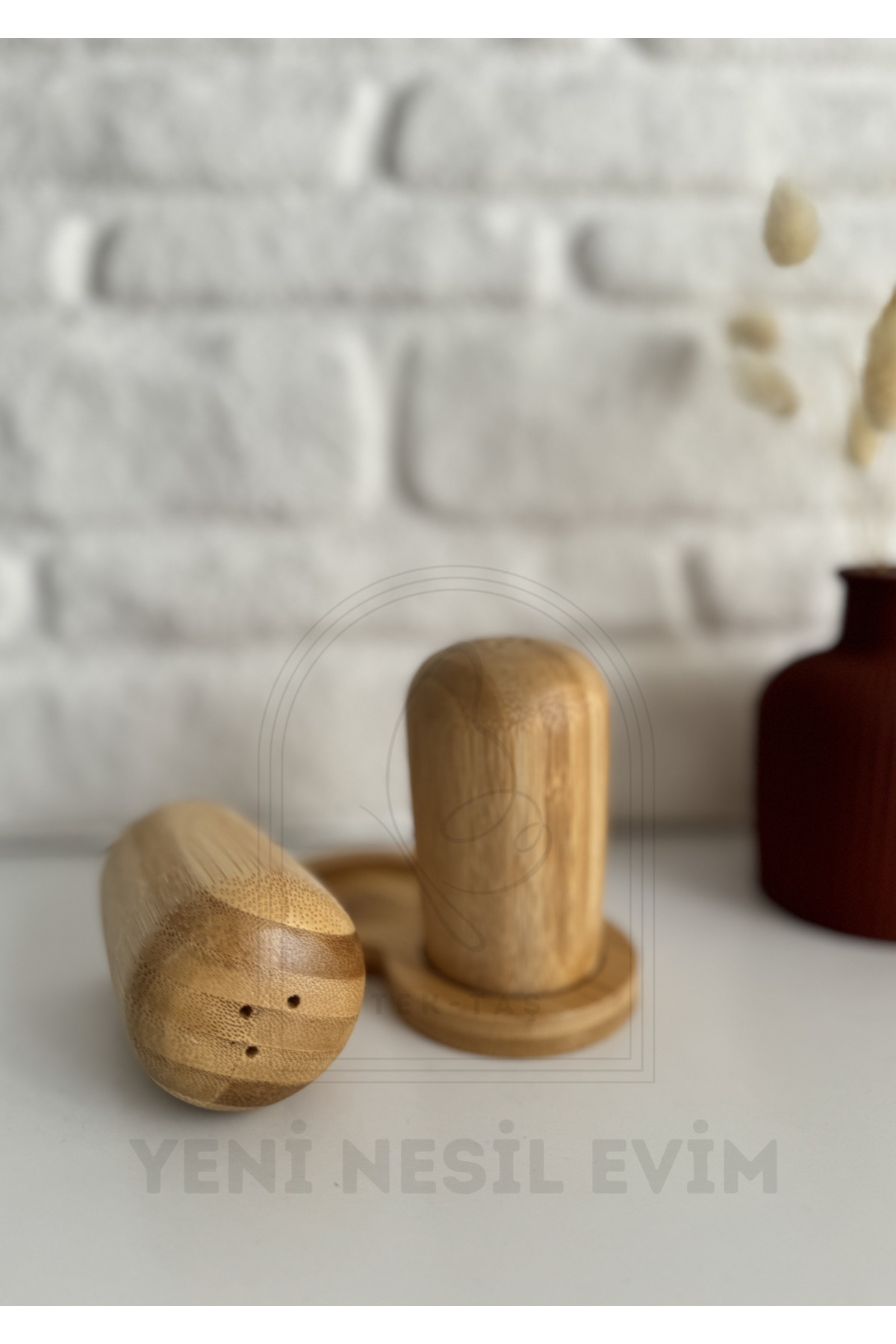 Bambu Ahşap Standlı İkili Tuzluk Biberlik Dökmeli 9 cm